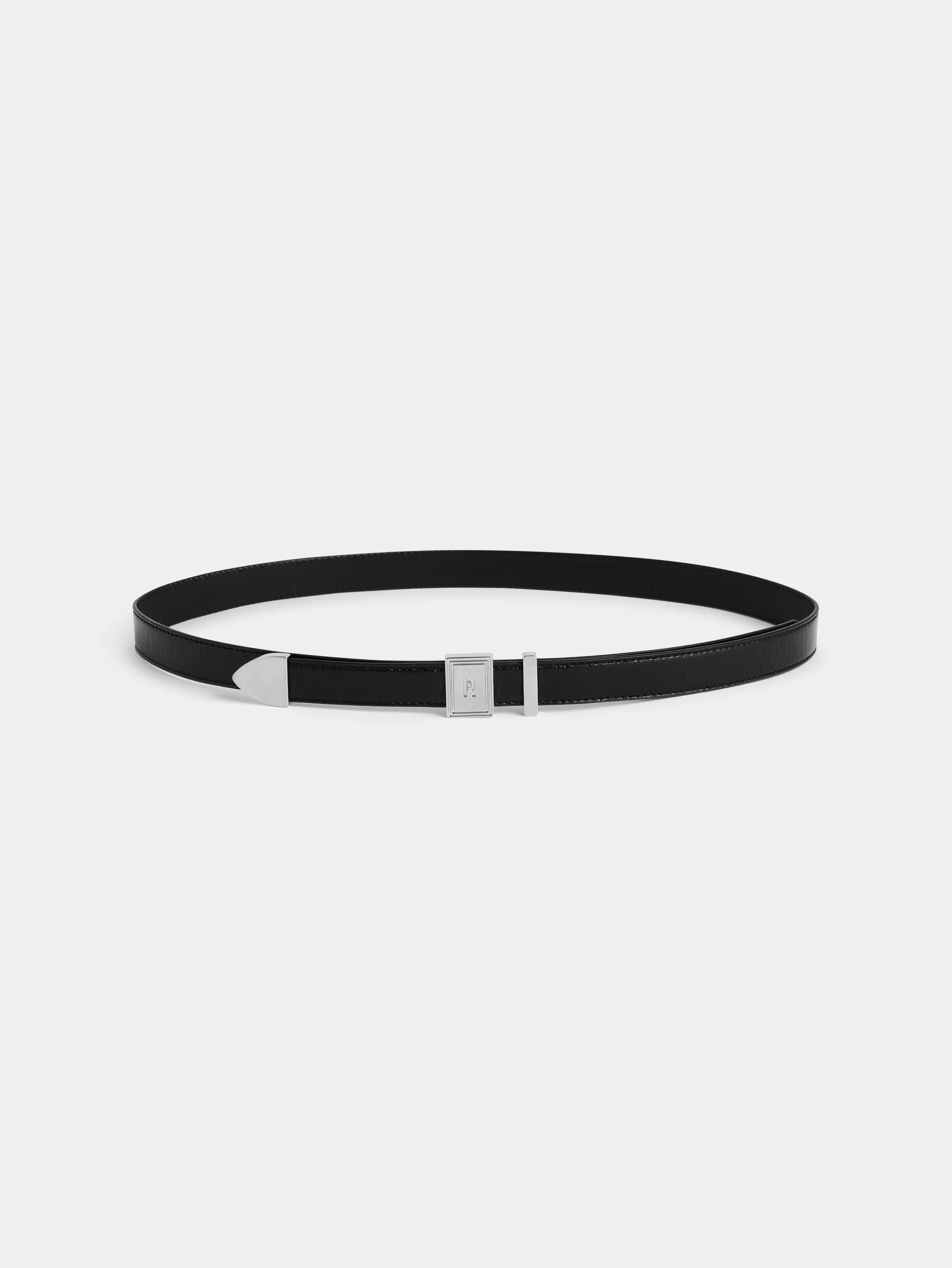 BLACK LEATHER BELT WITH A RECTANGULAR SILVER BUCKLE - 1