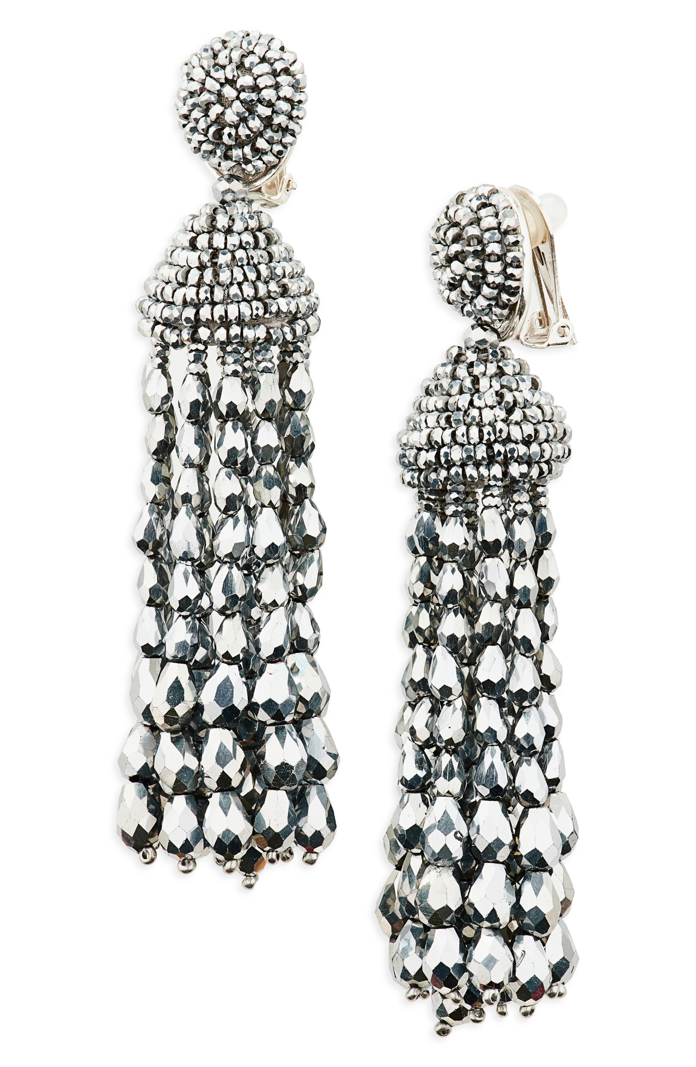 Oscar de la Renta Beaded Chandelier Clip-On Earrings in Silver at Nordstrom - 1