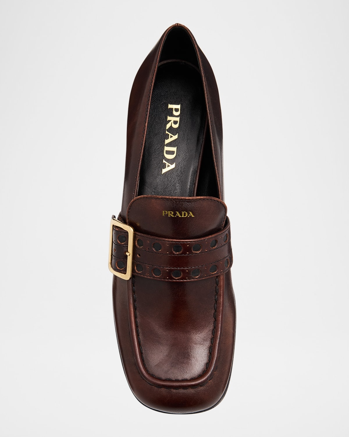 Perforated Leather Buckle Heeled Loafers - 7