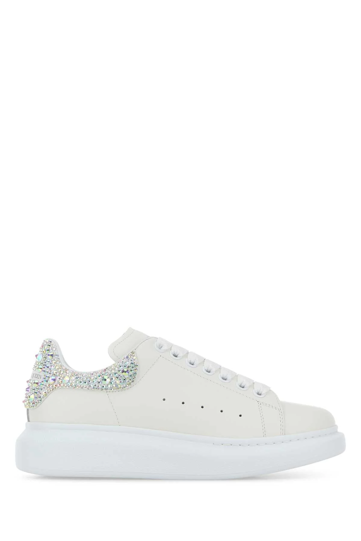 Alexander Mcqueen Women White Leather Sneakers With Embellished Suede Heel - 1