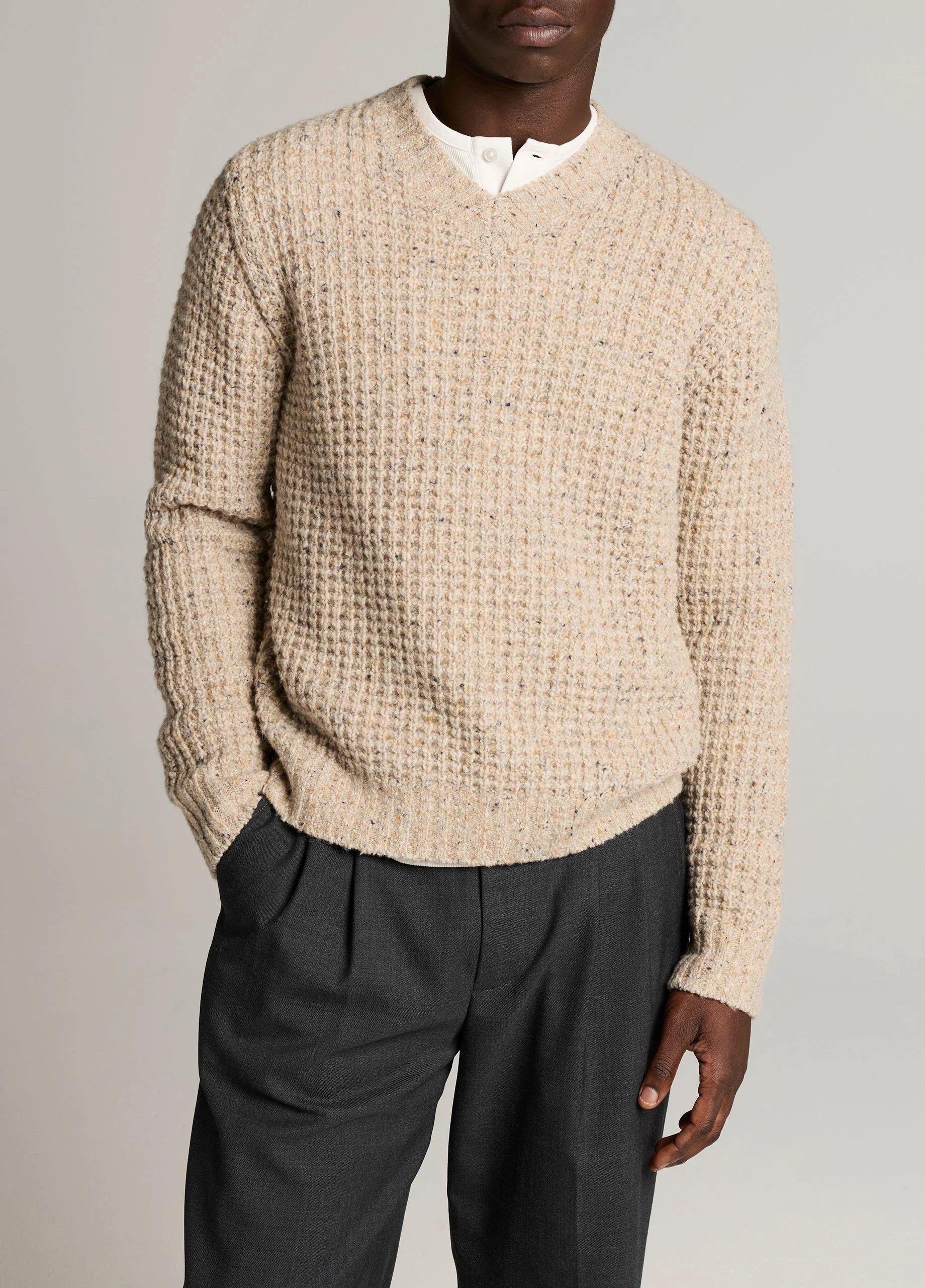 Donegal Waffle Merino Wool-Blend V-Neck Sweater - 1
