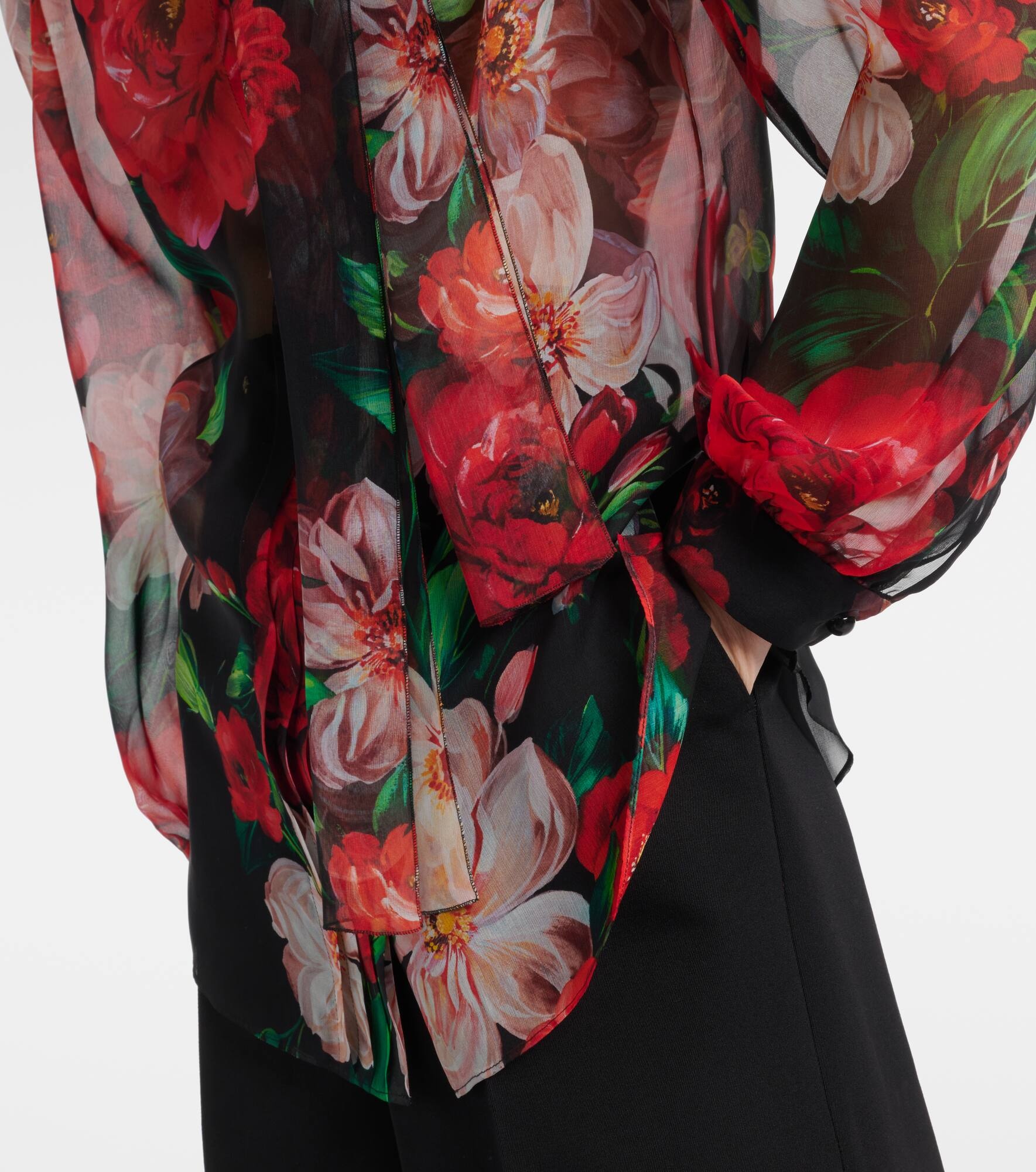 Floral tie-neck silk organza shirt - 5