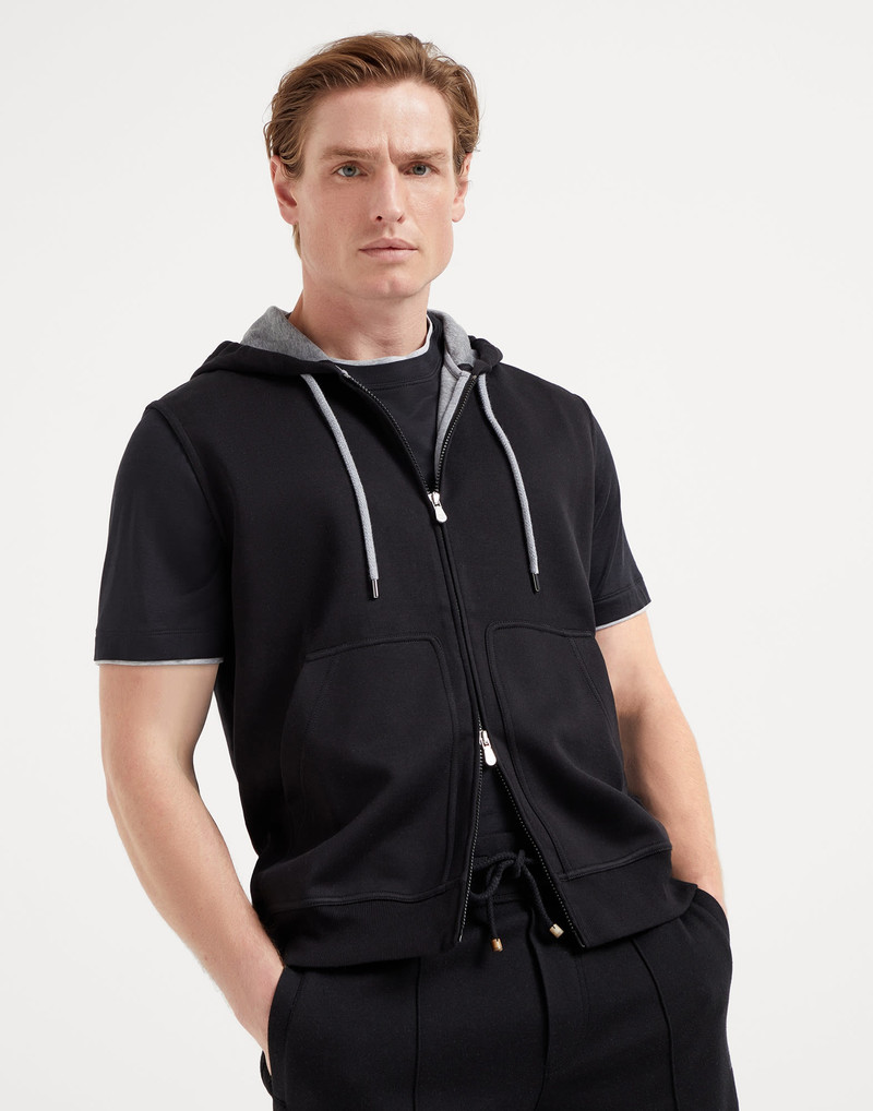 Cotton, cashmere and silk French terry double cloth vest with zipper and hood 1