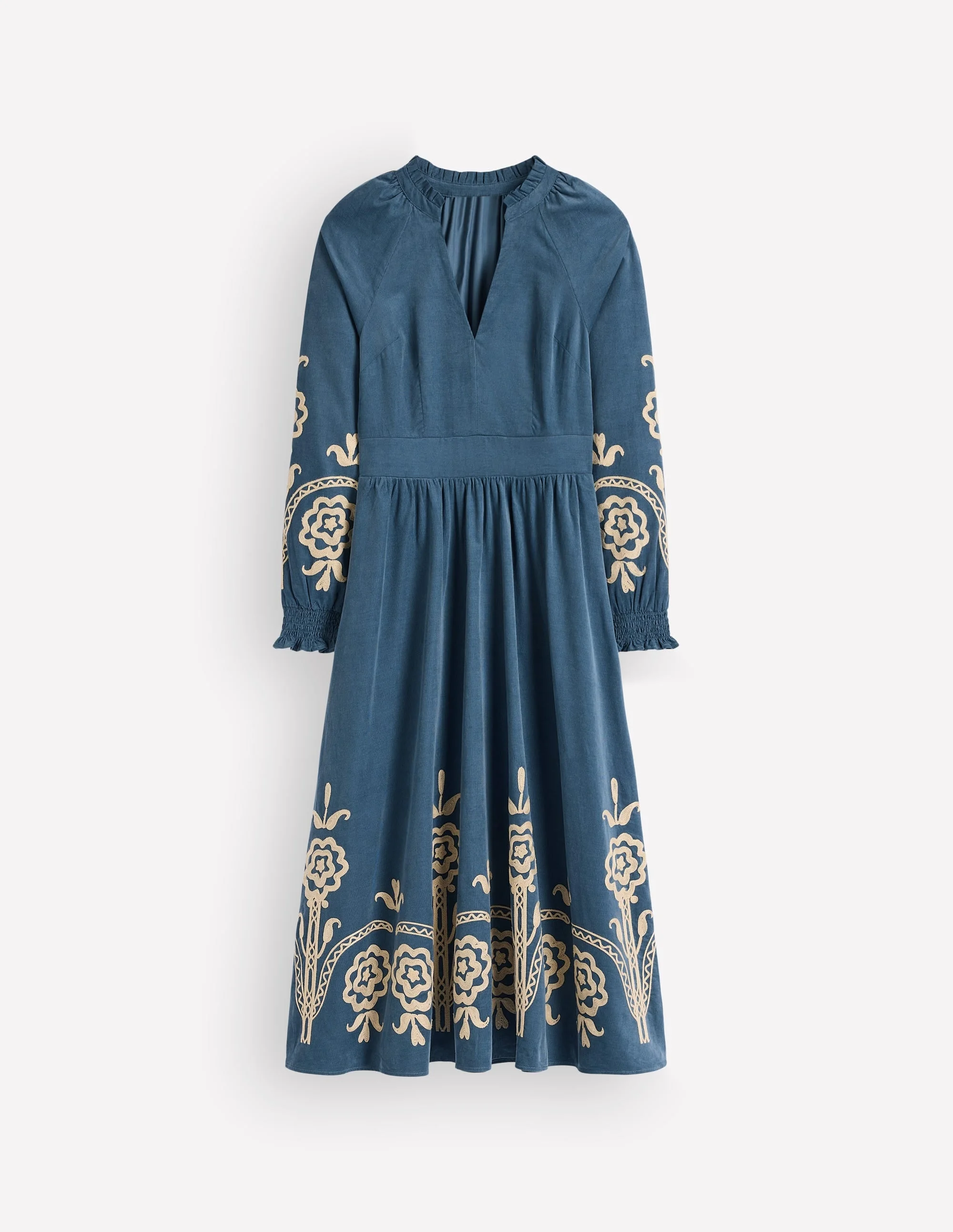Smocked Cord Midi Dress-Storm Blue, Embroidery - 1