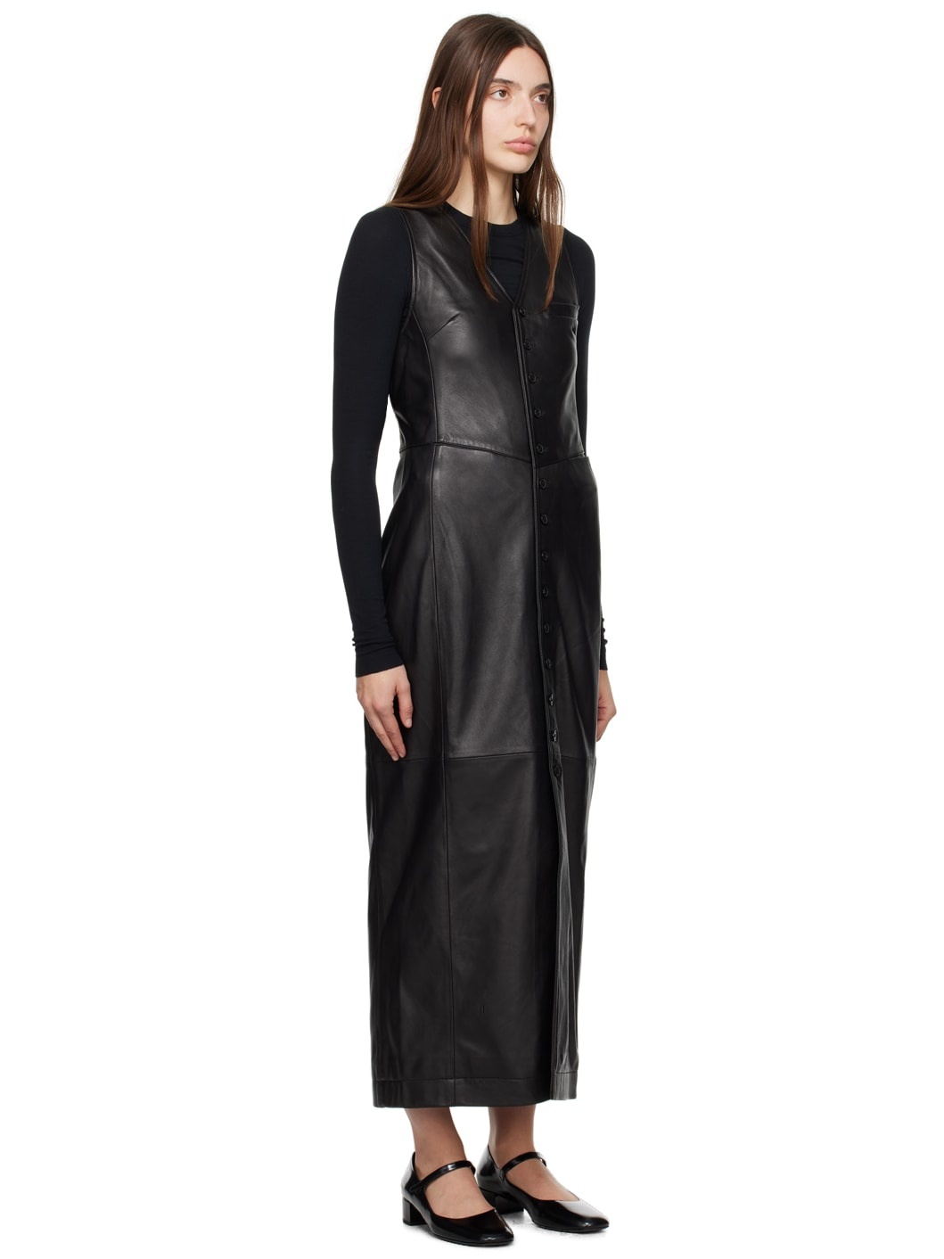 Black Vest Leather Midi Dress - 2