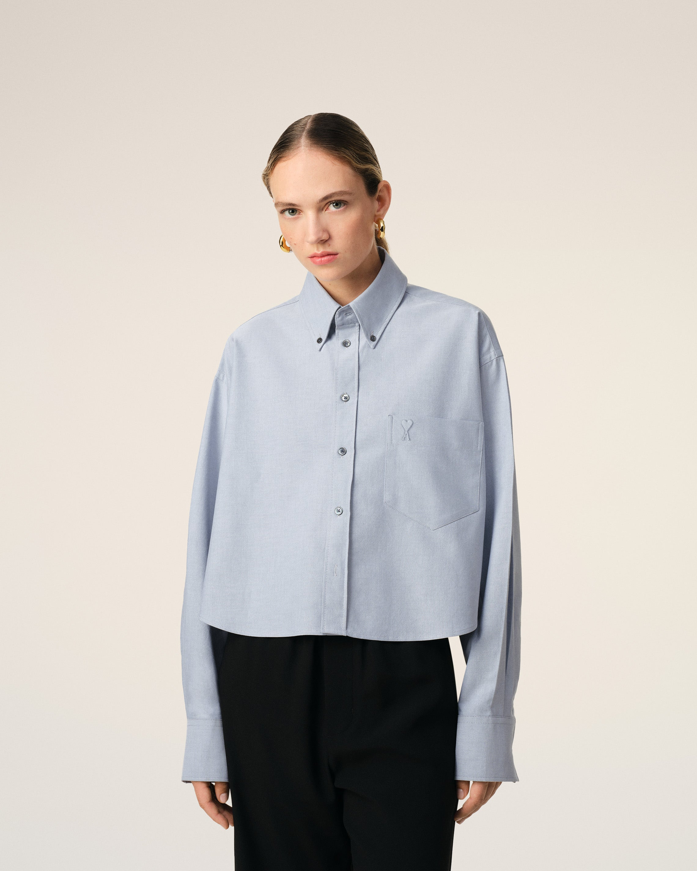 AMI Paris BLUE COTTON BUTTON-DOWN CROPPED OVERSIZED SHIRT