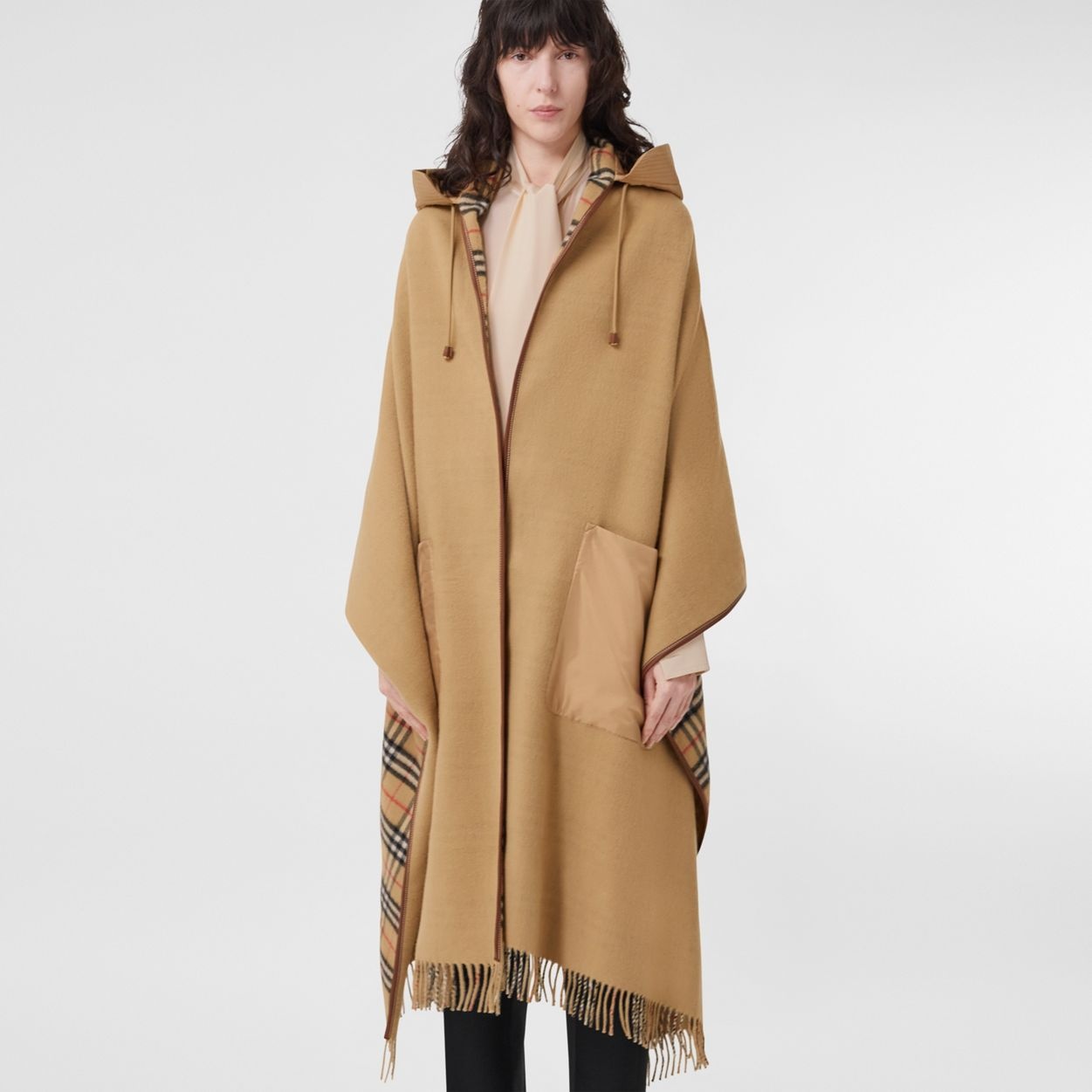 Contrast Panel Cashmere Wool Hooded Cape - 6