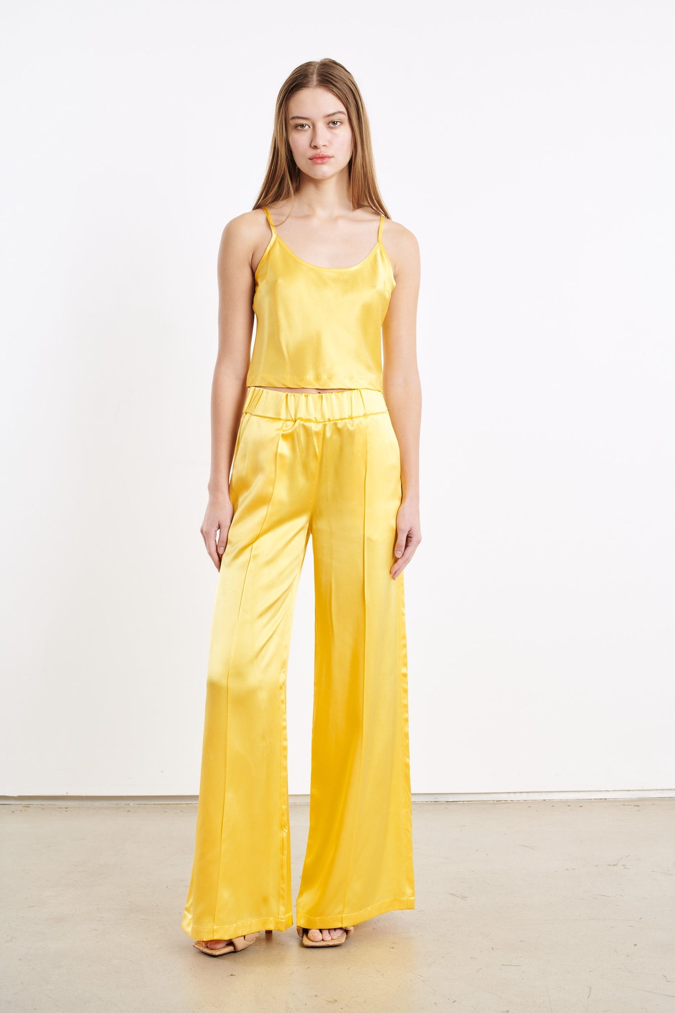 YELLOW SILK WIDE LEG PINTUCK PANTS - 2