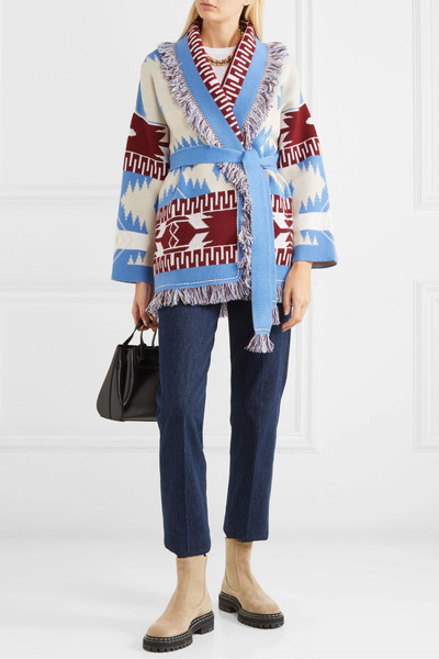 Alanui Belted fringed cashmere-jacquard cardigan outlook