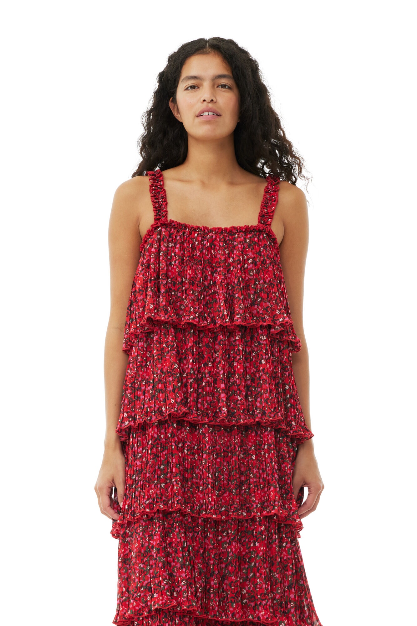 RED PLEATED GEORGETTE FLOUNCE STRAP MIDI DRESS - 3