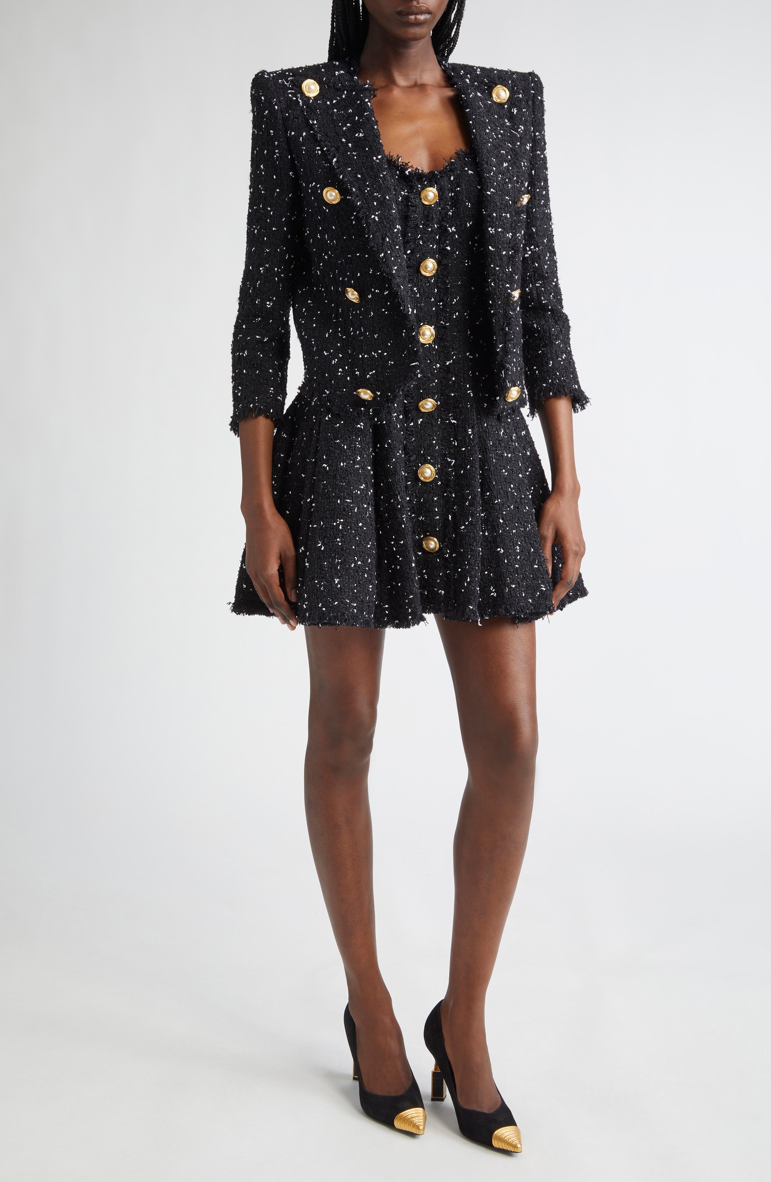 Balmain Polka Dot Tweed Spencer Jacket in Black/White at Nordstrom - 2