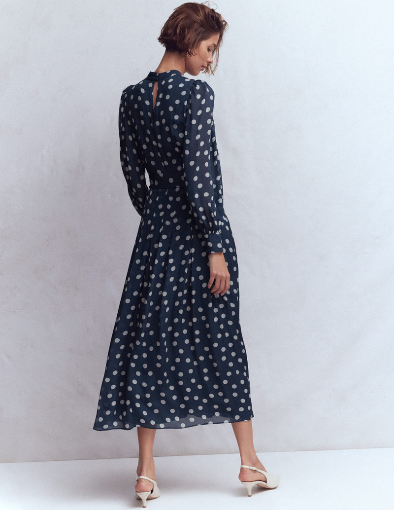 High Neck Occasion Dress-French Navy, Painted Dot 4