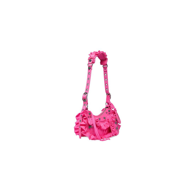 Women's Le Cagole Xs Shoulder Bag With Ruffles in Acid Pink 5