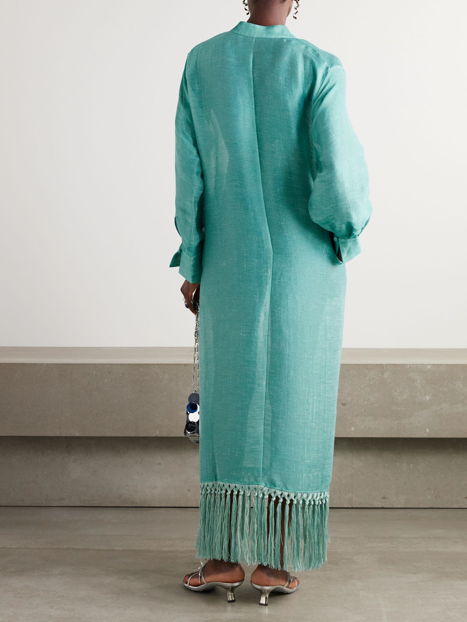 Bahamas fringed linen-blend maxi dress Turquoise - 3