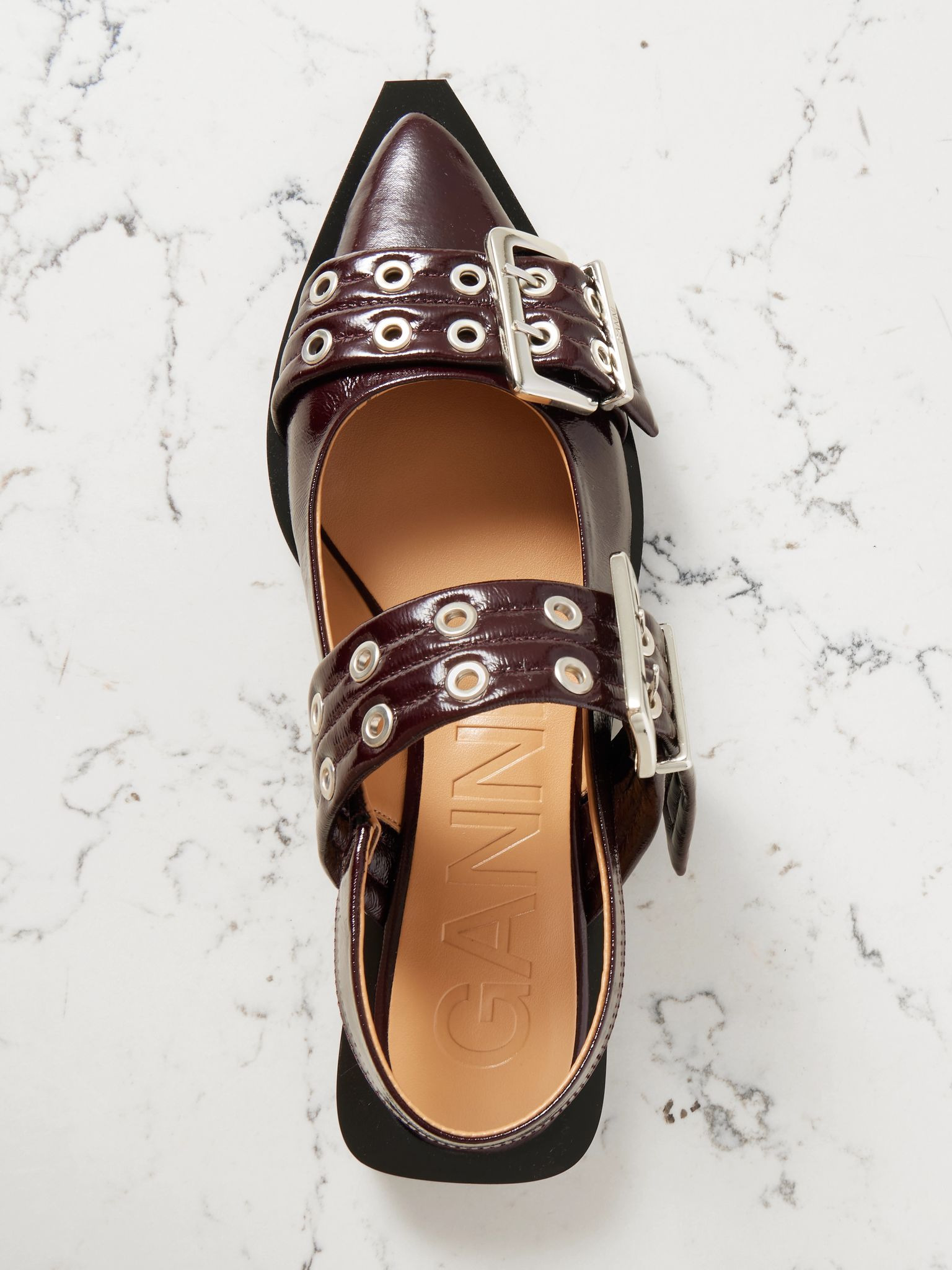 Embellished glossed recycled point-toe slingback flats Burgundy - 5