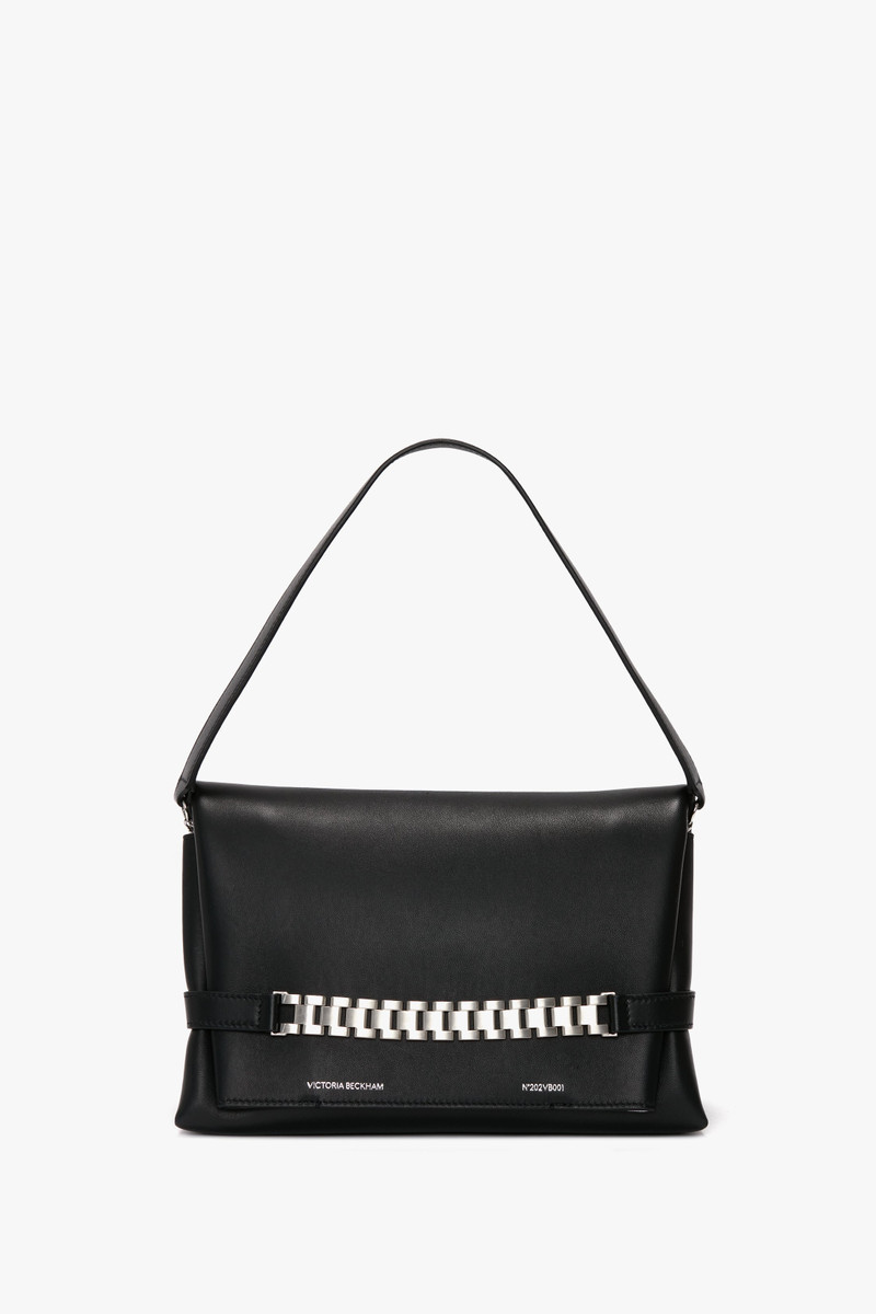 Chain Pouch Bag with Brushed Silver Chain In Black Leather 1