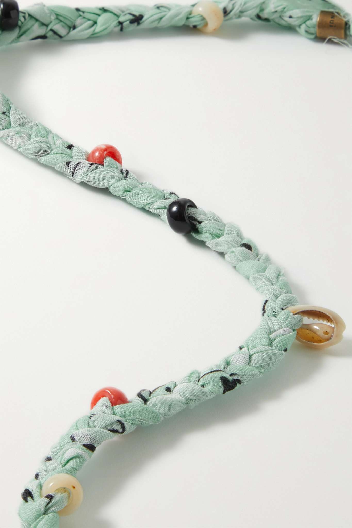 Braided printed cotton-voile, shell and bead necklace - 4