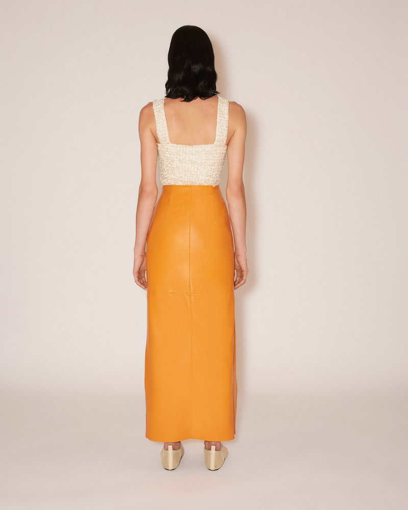 NEVE - Vegan leather waterfall trim pencil skirt - Orange 4