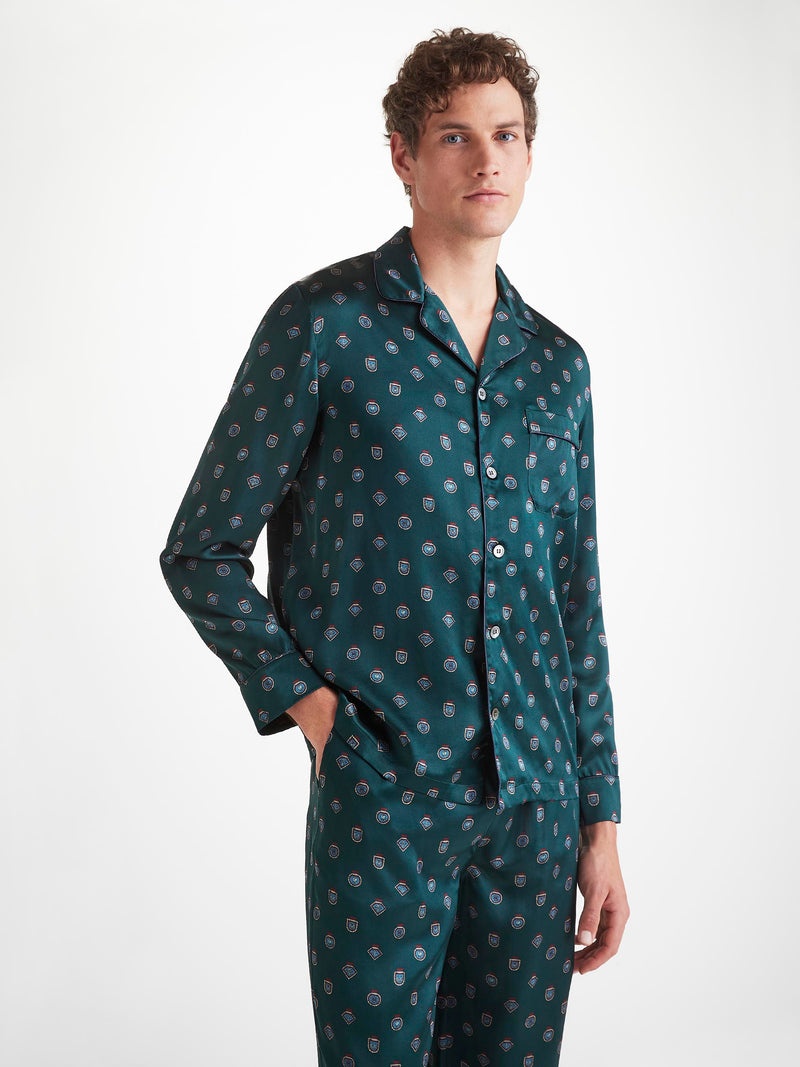 Men's Pajamas Silk Satin Green Badge Print - 5