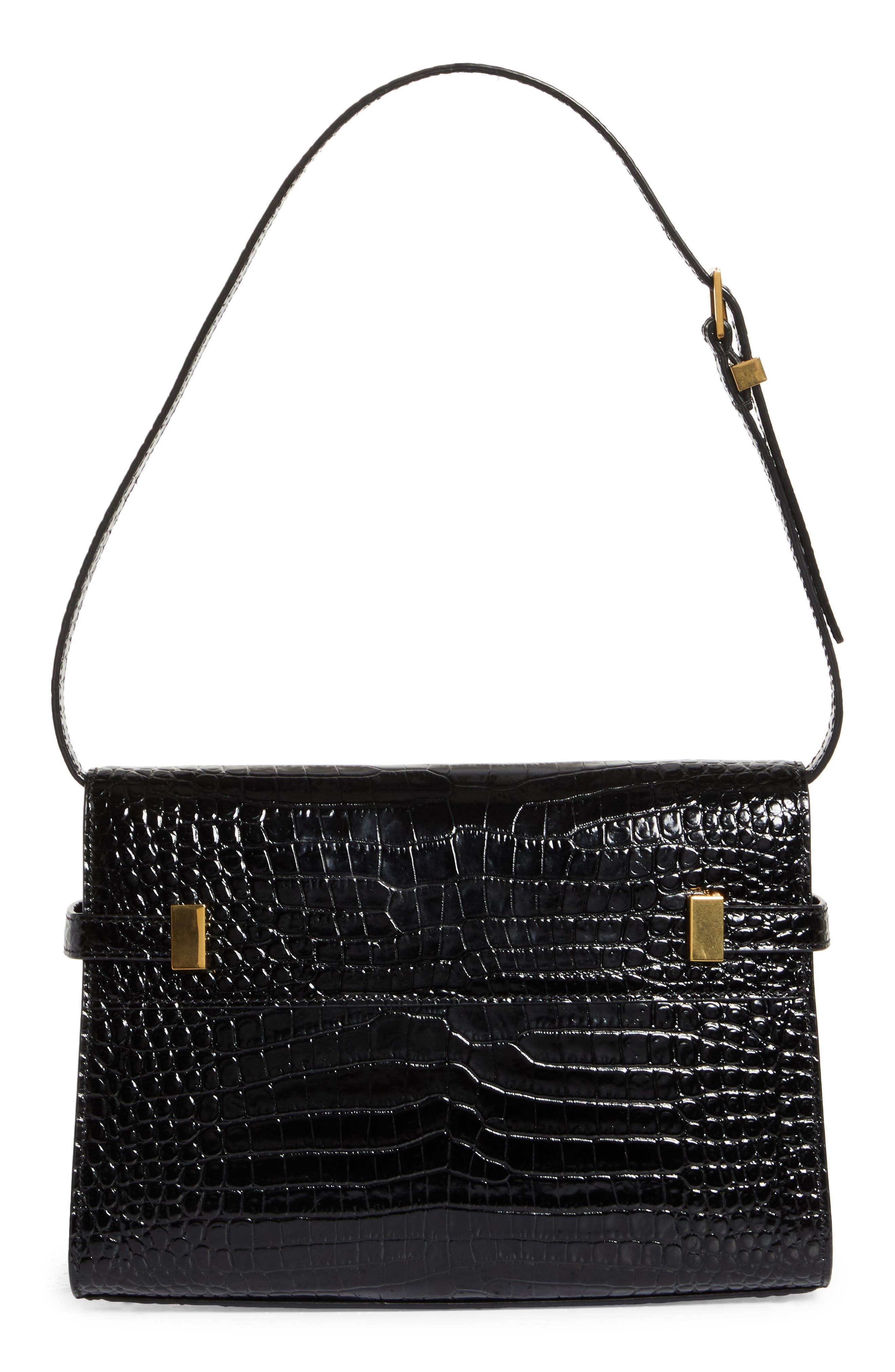 Saint Laurent Small Manhattan Croc Embossed Shoulder Bag in Noir at Nordstrom - 4
