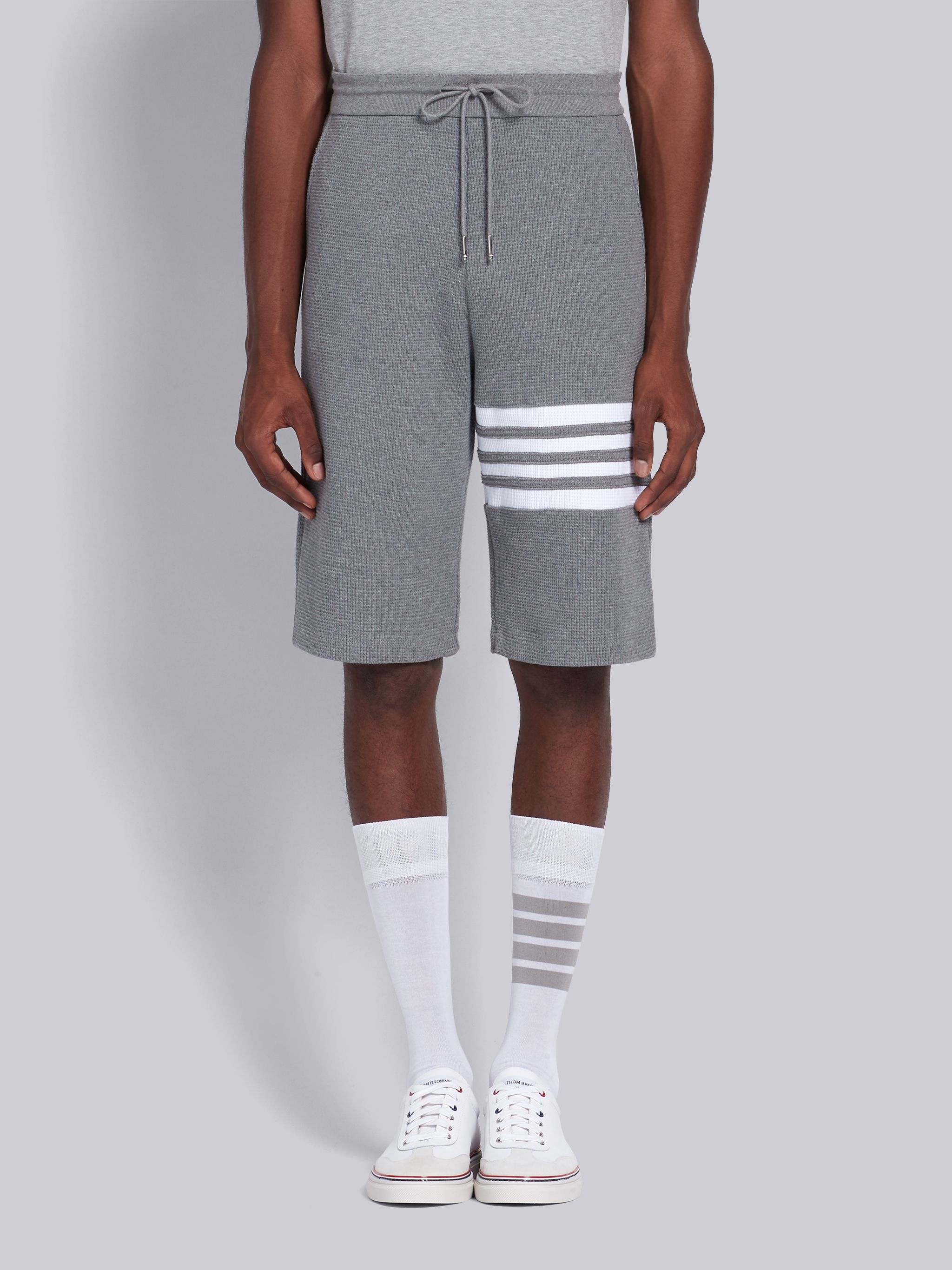 Medium Grey Waffle 4-Bar Stripe Sweatshorts - 1