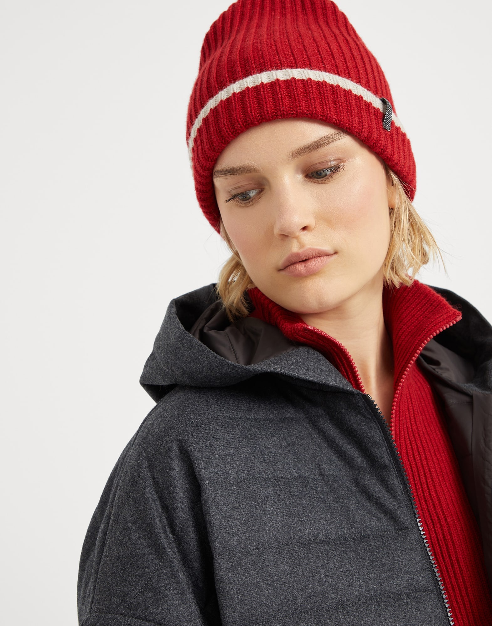 Cashmere English rib knit beanie with monili - 3