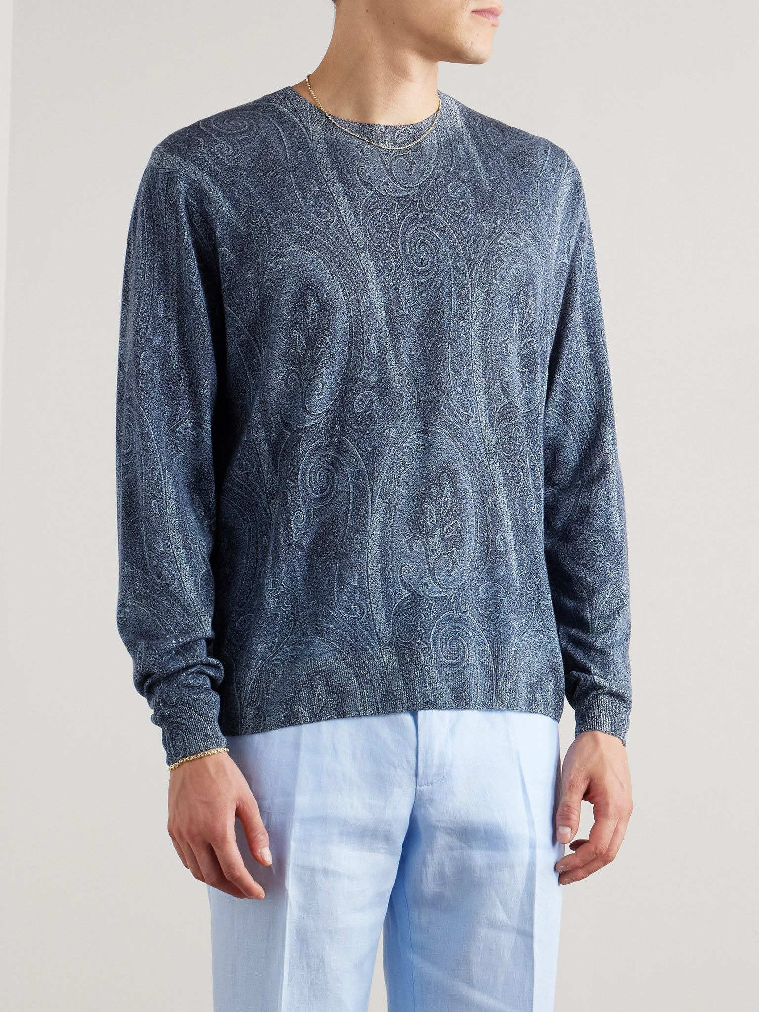 Paisley-Print Silk and Cashmere-Blend Sweater Blue - 3
