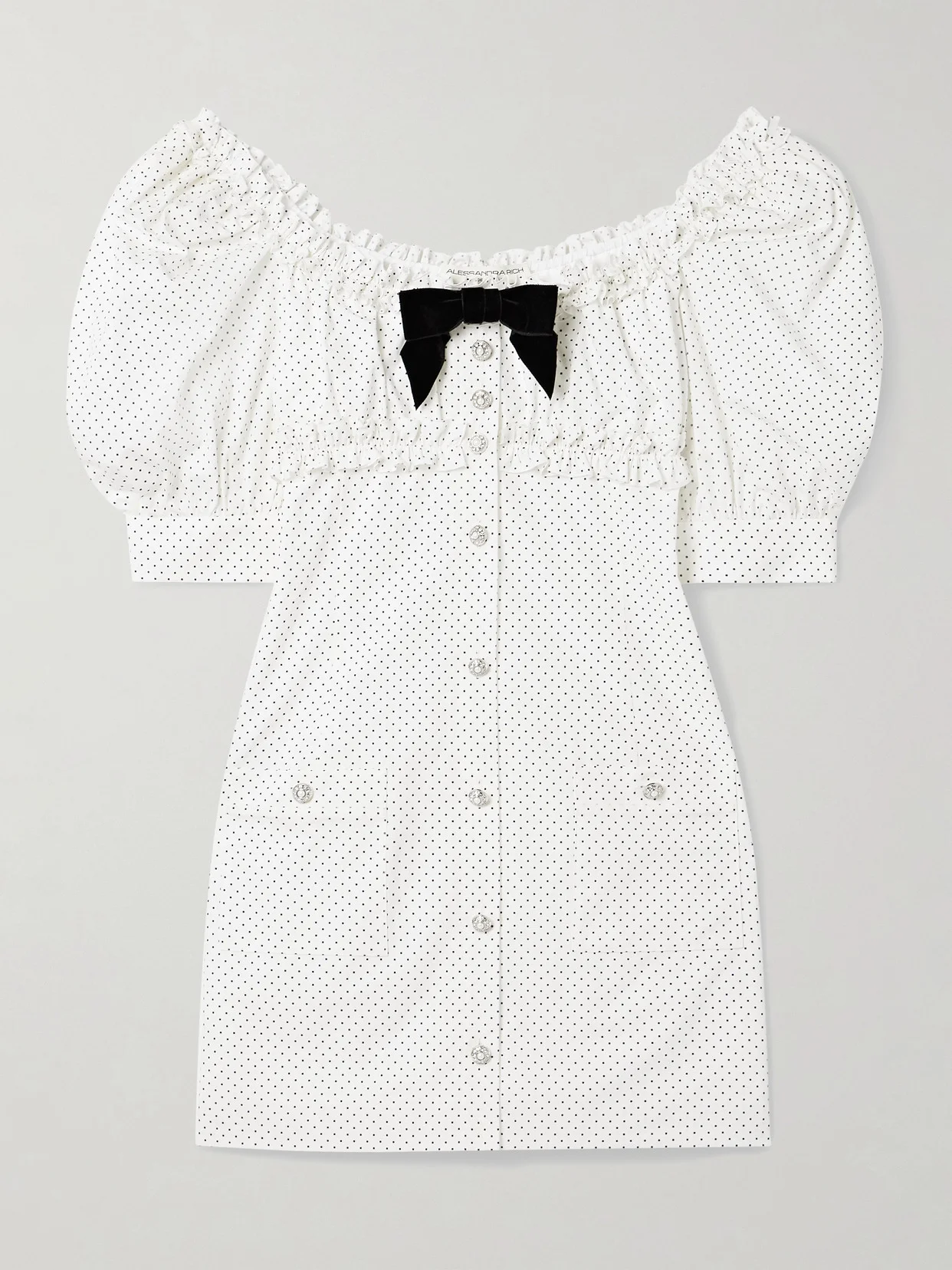 Velvet-trimmed Ruffled Polka-dot Cotton-poplin Mini Dress - 1