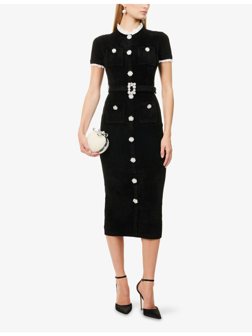Crystal-Embellished Lace-Trim Chenille-Knit Midi Dress - 2