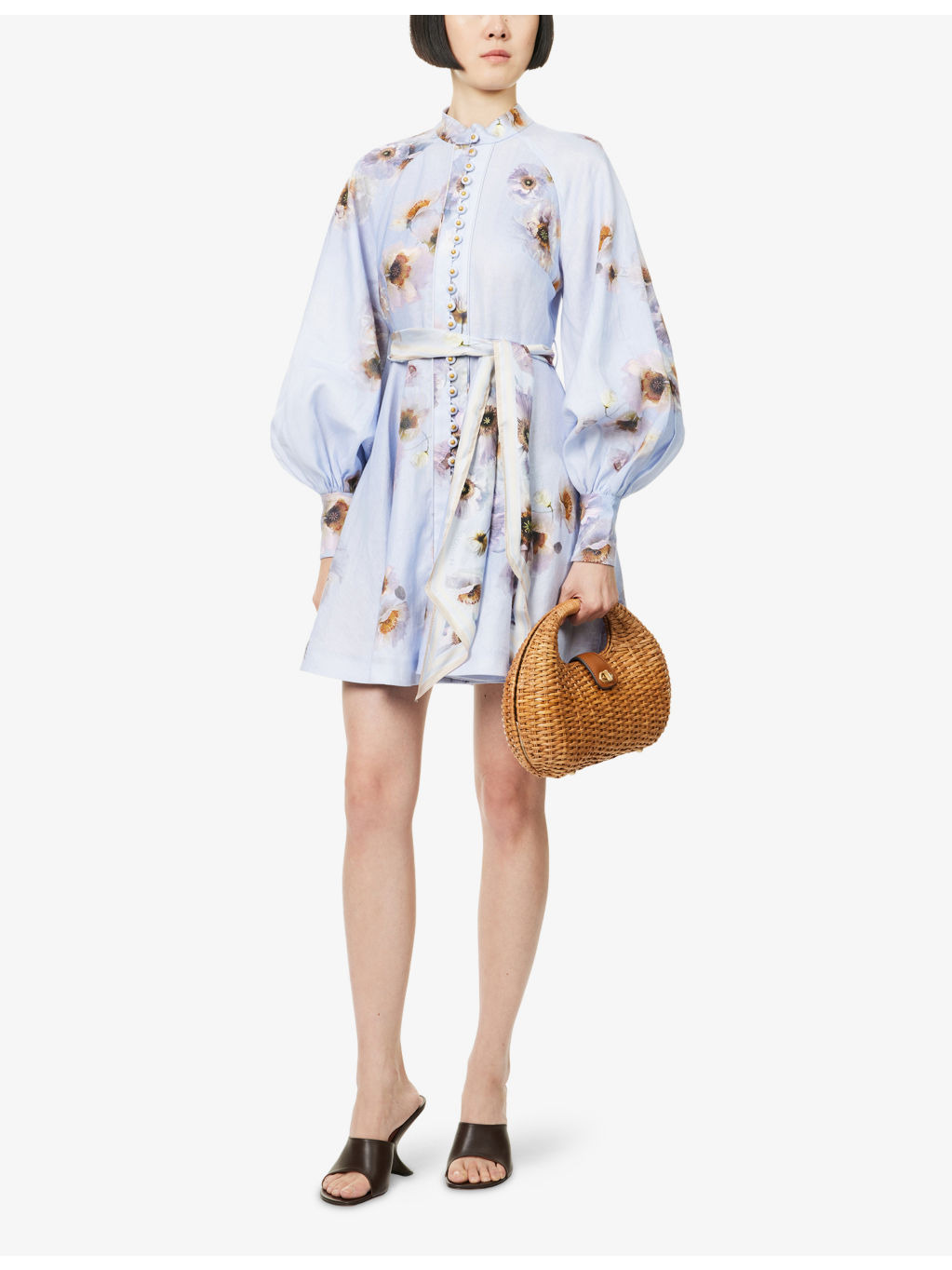 Printed Silk-Belt Buttoned Linen Mini Dress - 2