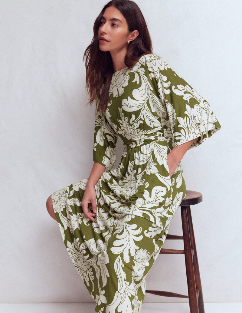 BODEN Imelda Kimono Jersey Dress-Olive, Botanical Flourish Mono outlook