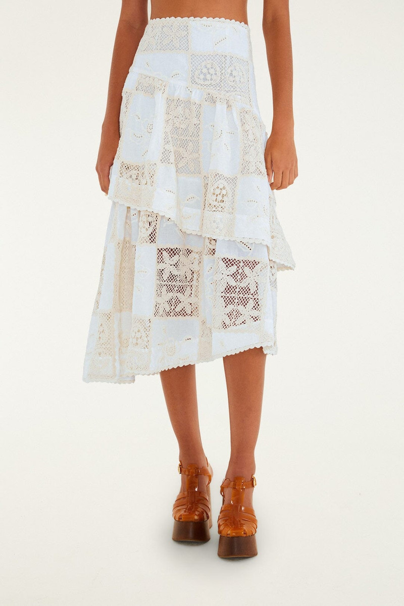 FARM RIO Off-White Scarf Eyelet Layered Maxi Skirt outlook