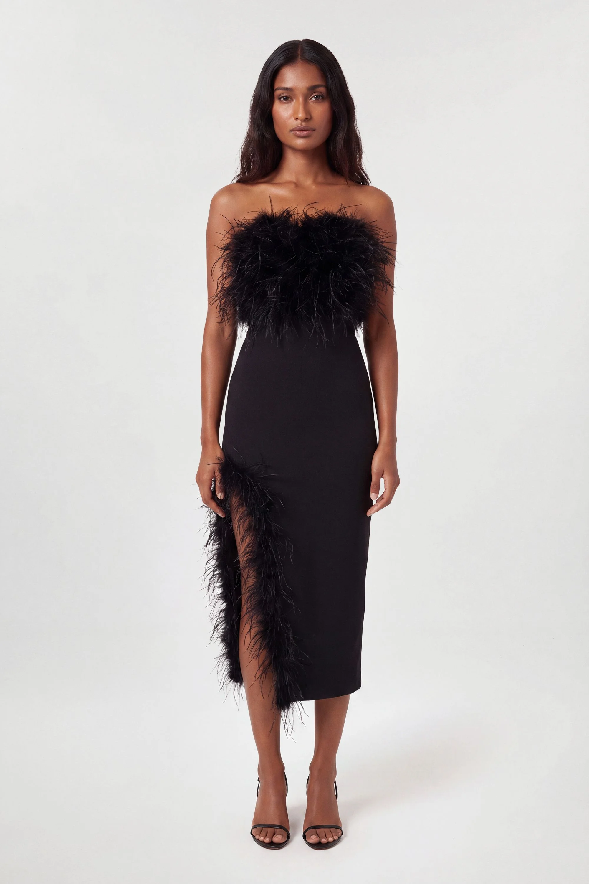 Figure Form Bandage Feather Detail Bandeau Knit Midi Dress - 1