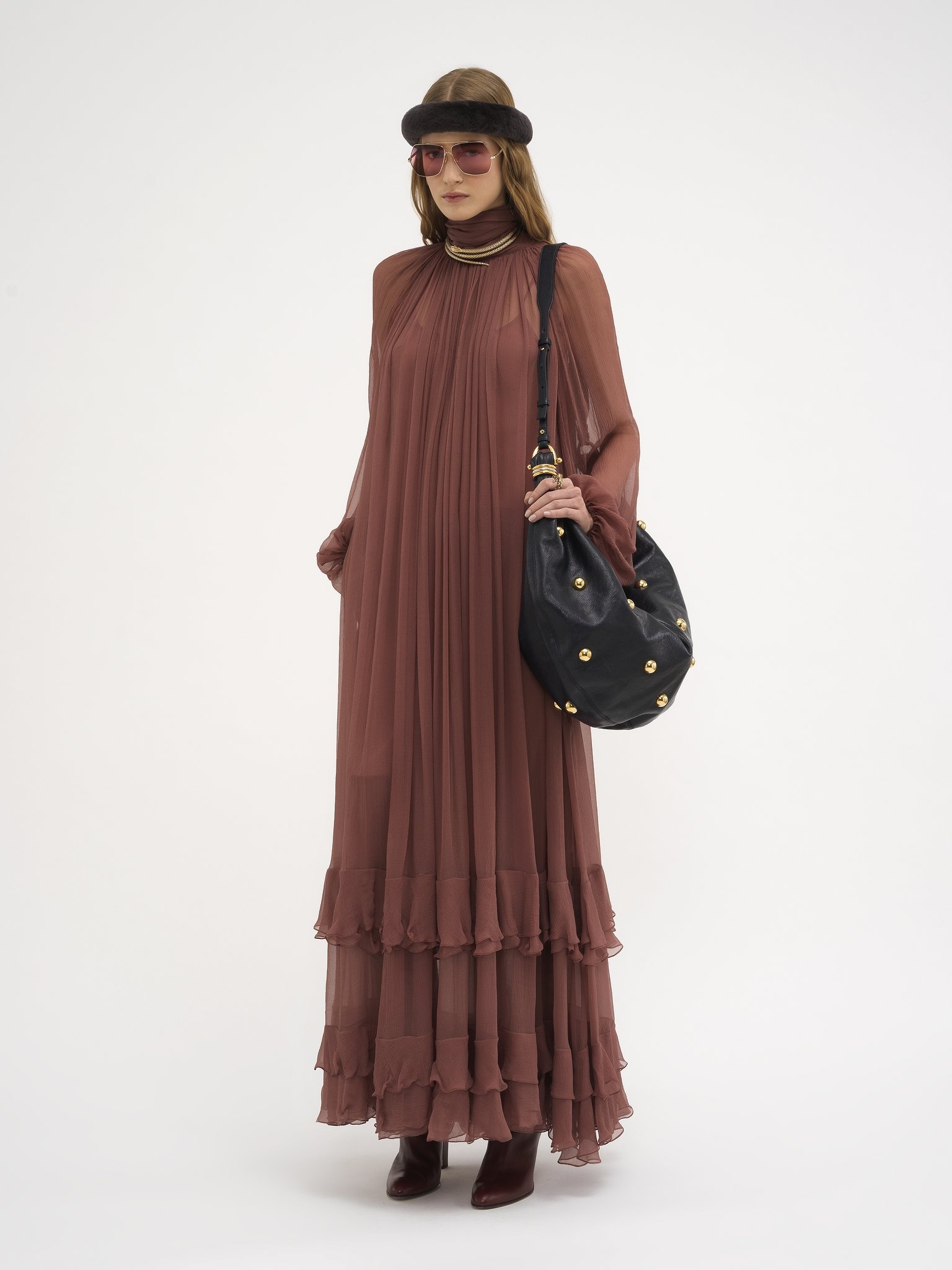 GATHERED LONG DRESS IN SILK MOUSSELINE - 4