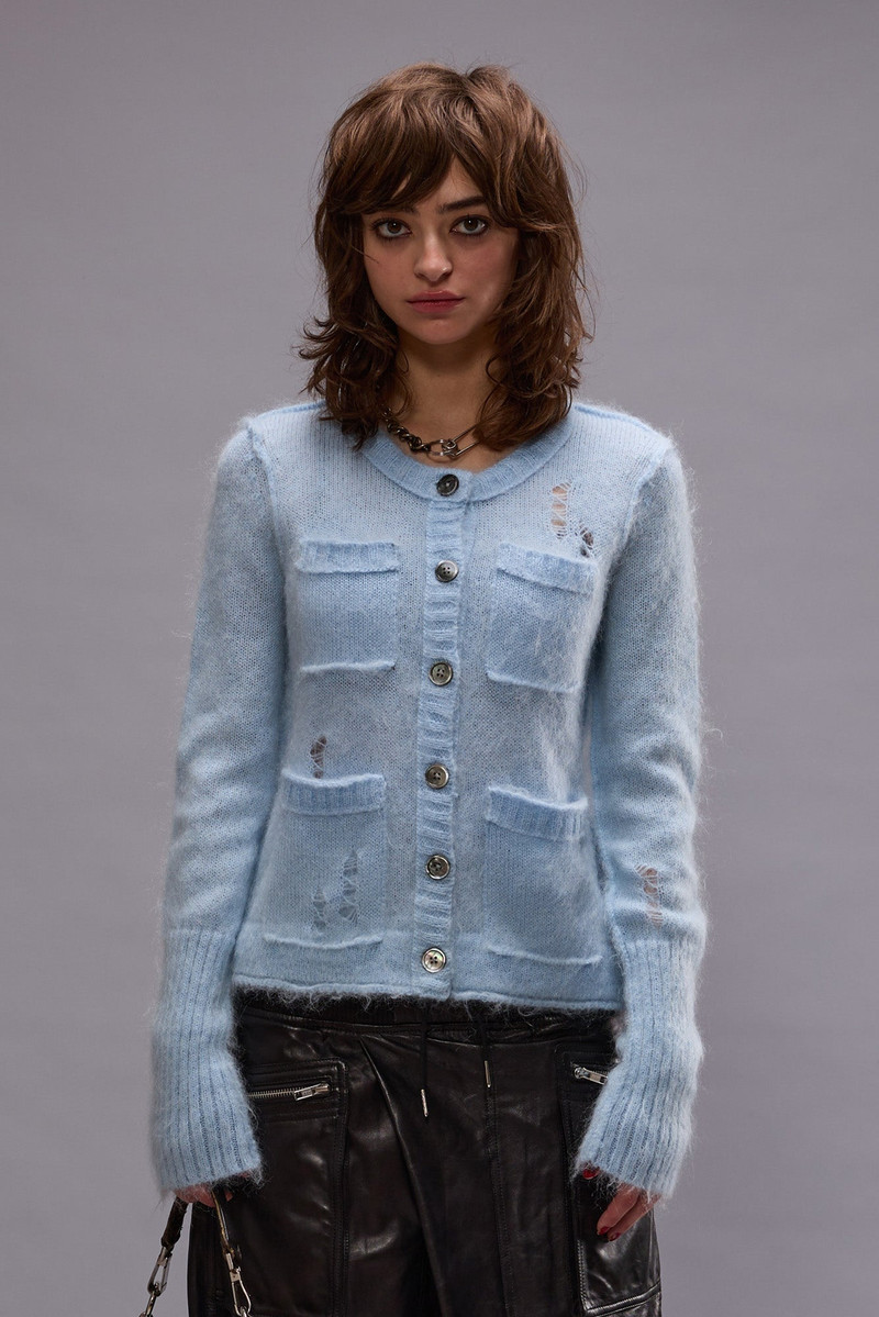 R13 ELONGATED SHRUNKEN CREWNECK CARDIGAN - LIGHT BLUE - R13 outlook