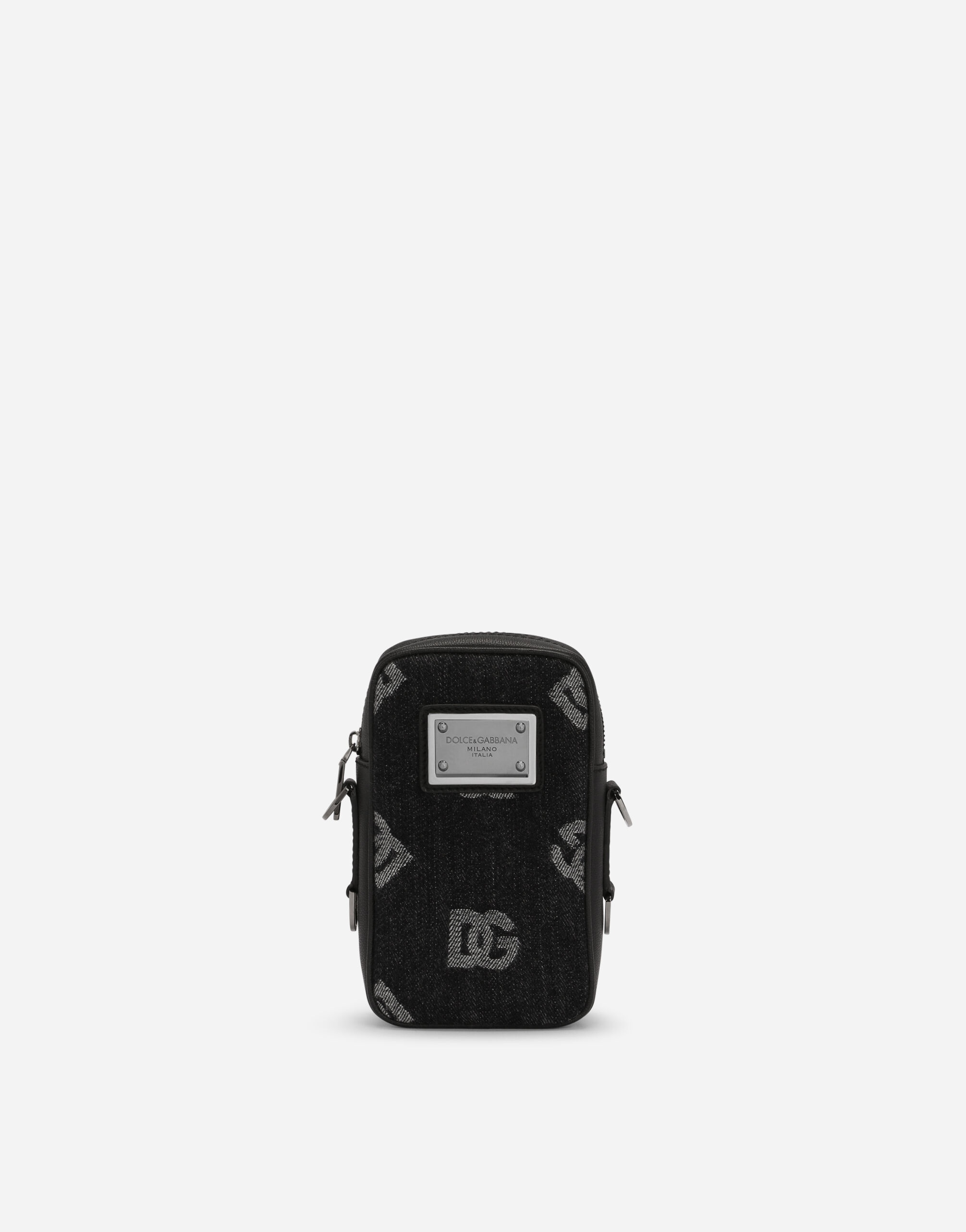 Small calfskin and denim crossbody bag with logo - 1