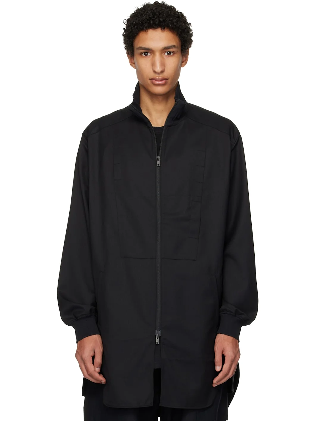 Black Refined Wool Long Track Jacket - 1