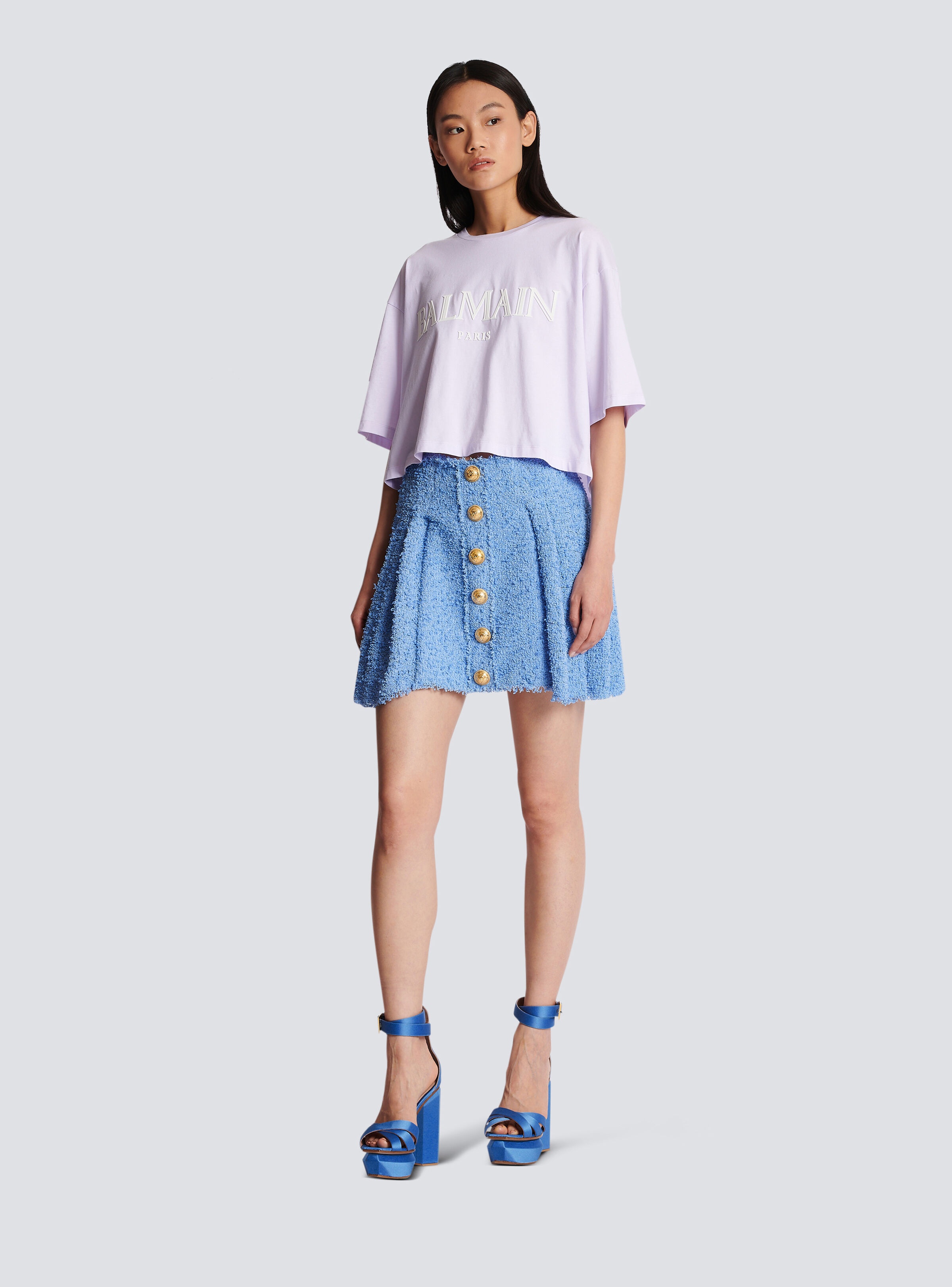 Pleated buttoned tweed skater skirt - 2