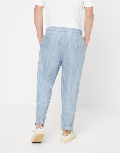 Brunello Cucinelli Linen wide chalk stripe leisure fit trousers with drawstring and double pleats outlook