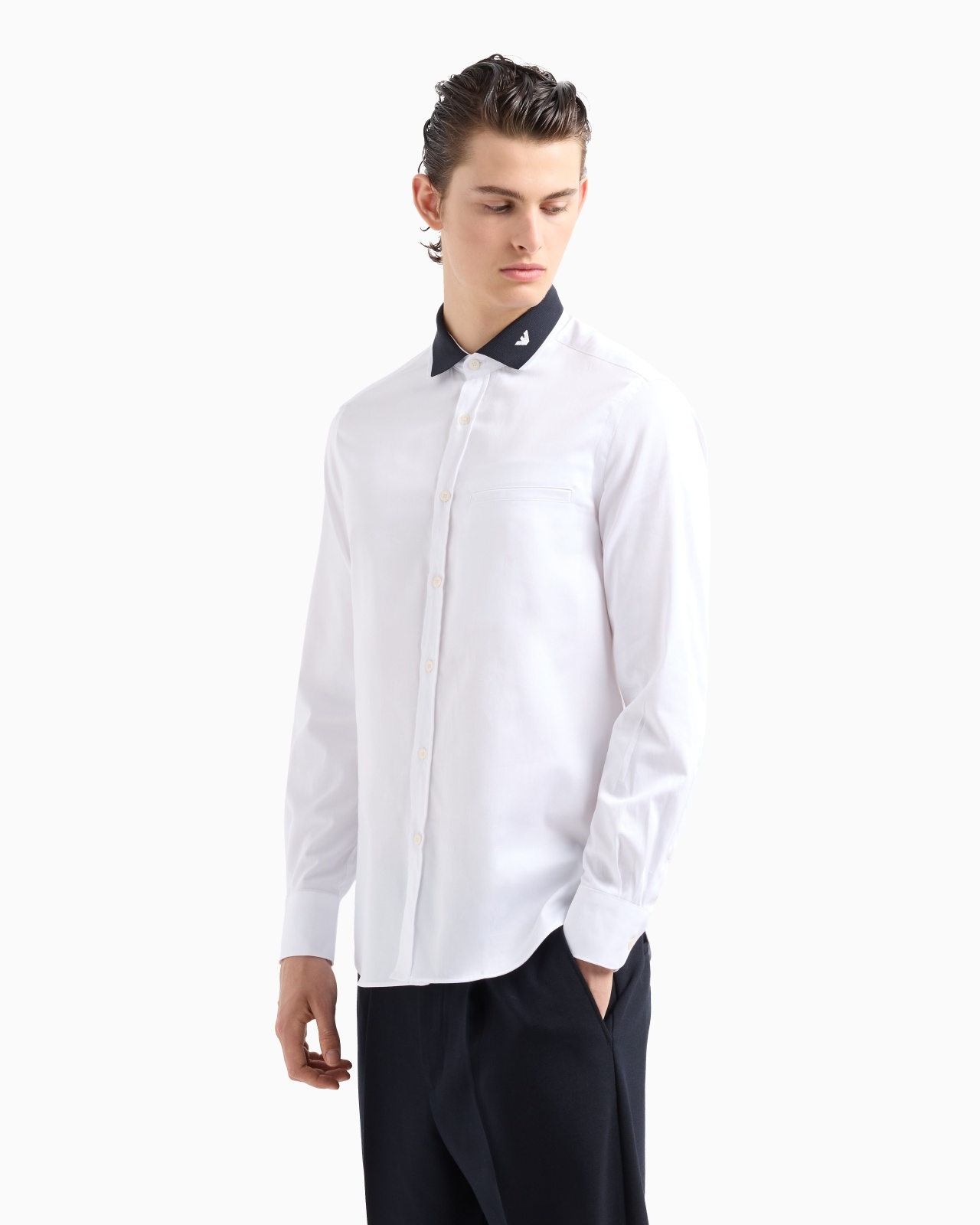 SATIN SHIRT WITH CONTRASTING RIBBED COLLAR - 2