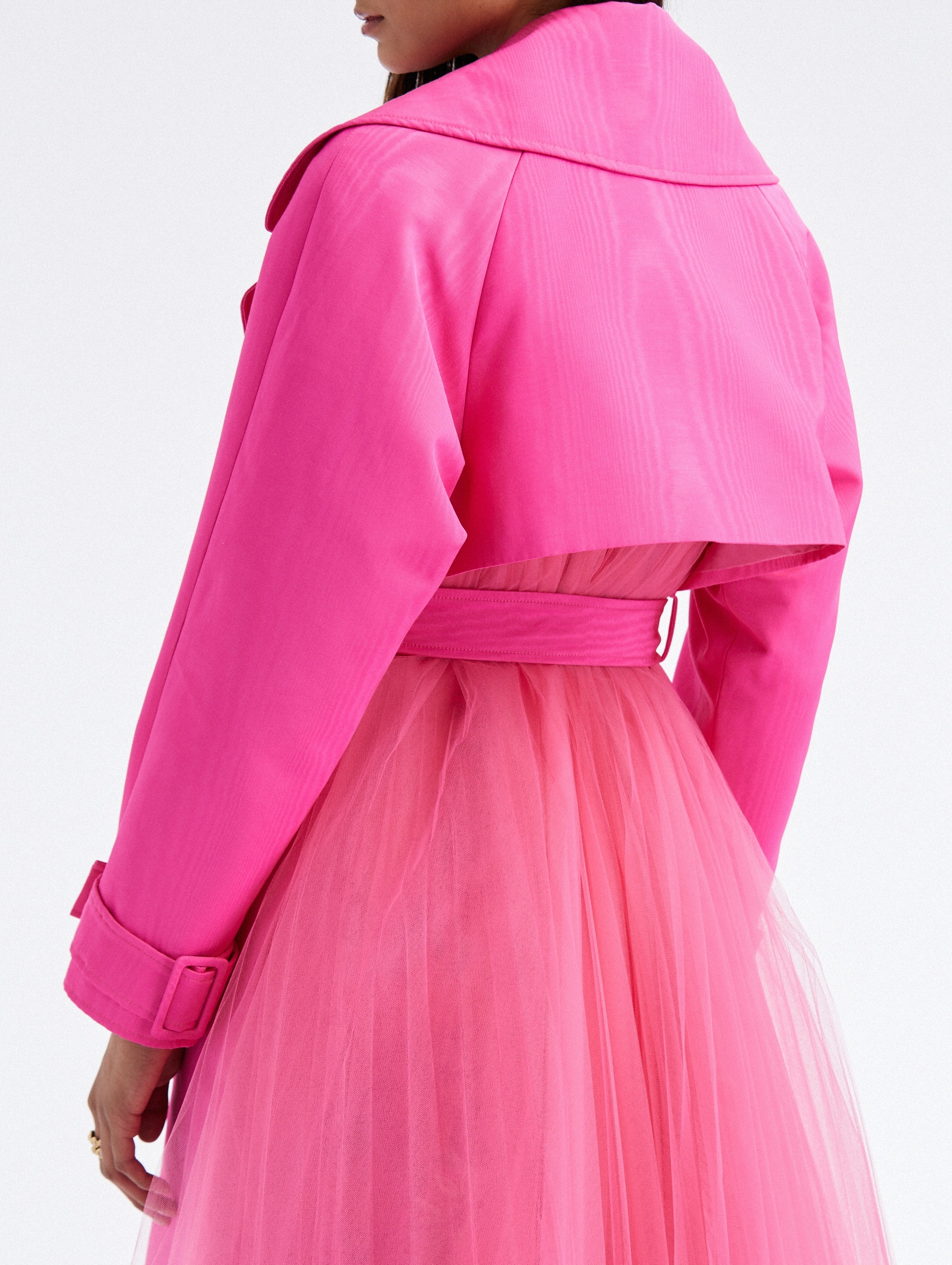 MOIRE FAILLE TULLE BACK TRENCH COAT - 3