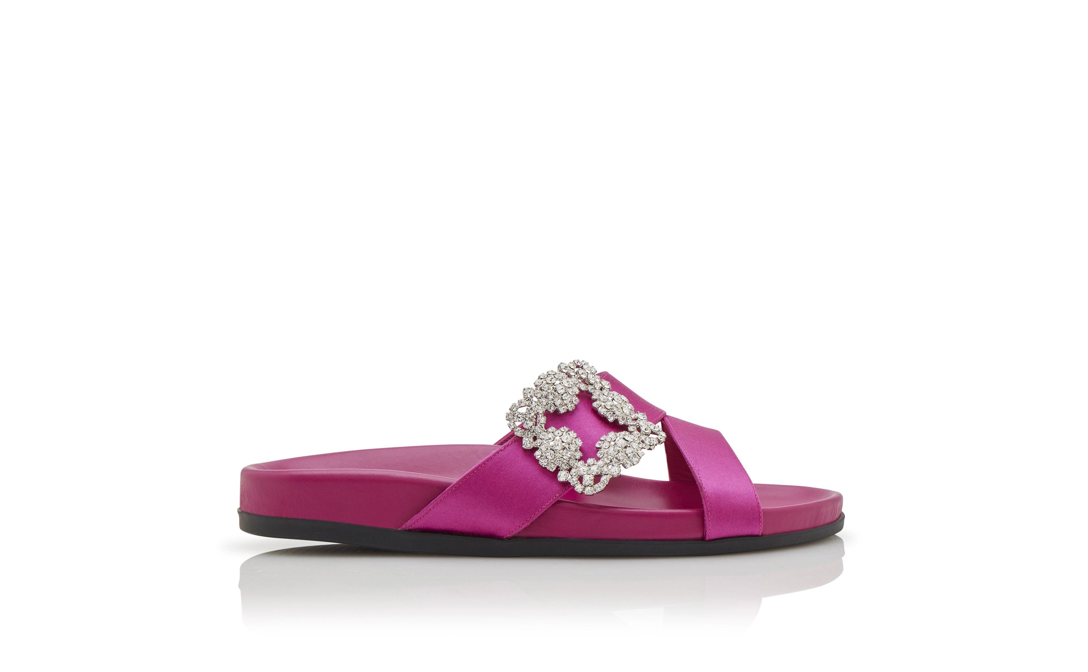 Fuchsia Satin Jewel Buckle Flat Mules - 1