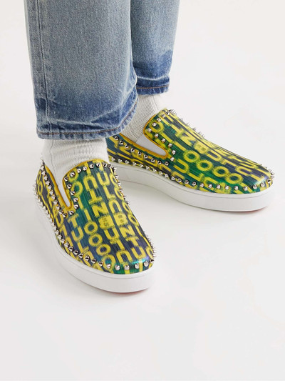 Christian Louboutin Pik Boat Spiked Glittered Logo-Print Canvas Slip-On Sneakers outlook