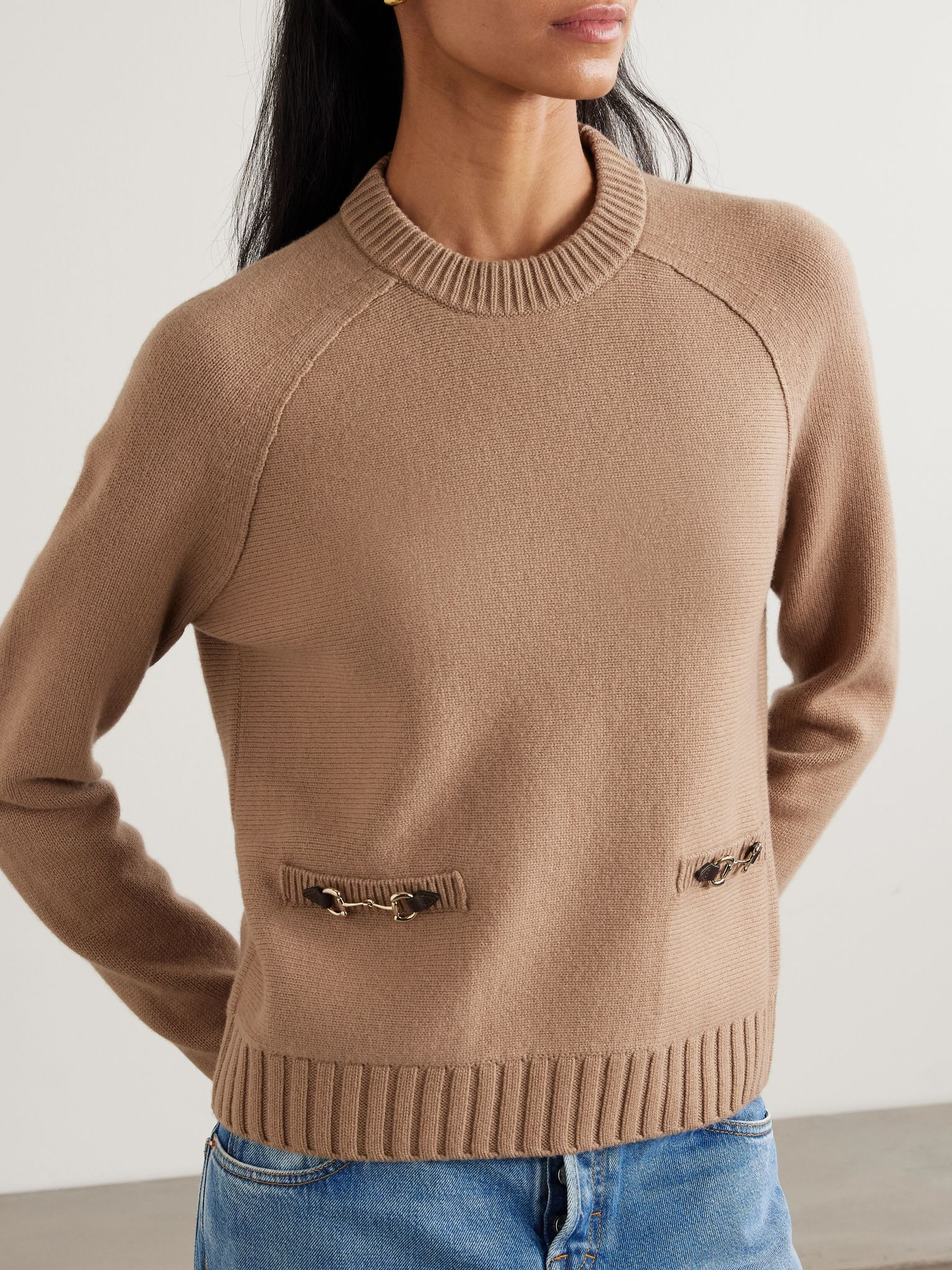 Horsebit-embellished leather-trimmed wool and cashmere-blend sweater Brown - 3
