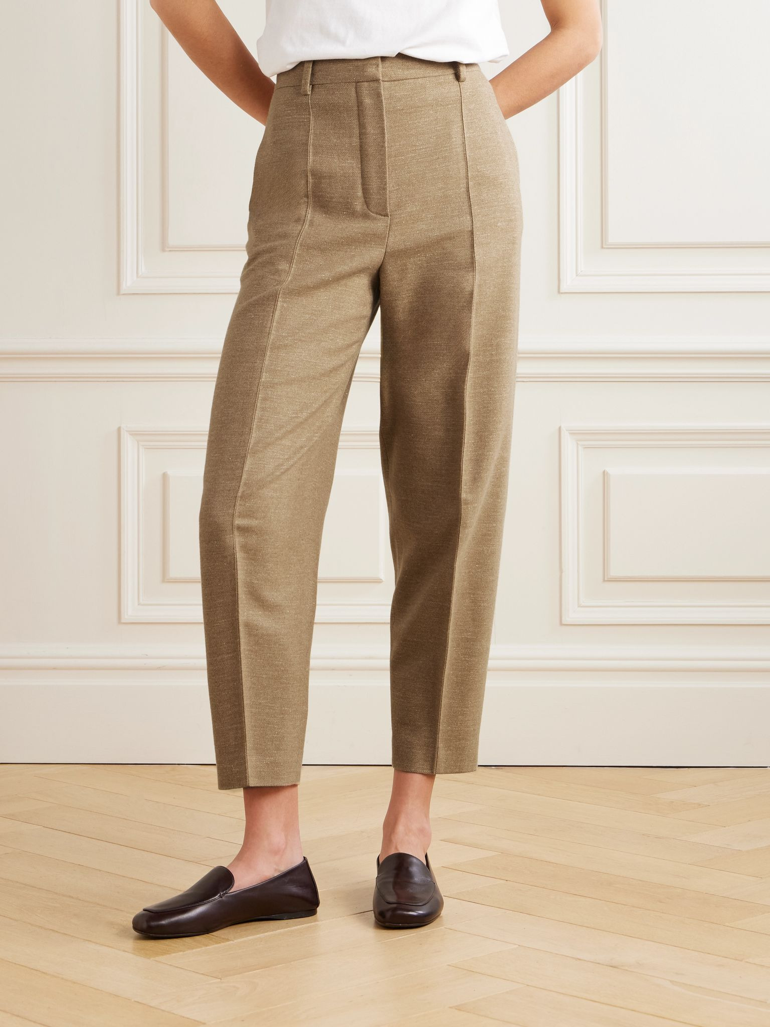 Dan pleated wool, cashmere and linen-blend tapered pants Sand - 3
