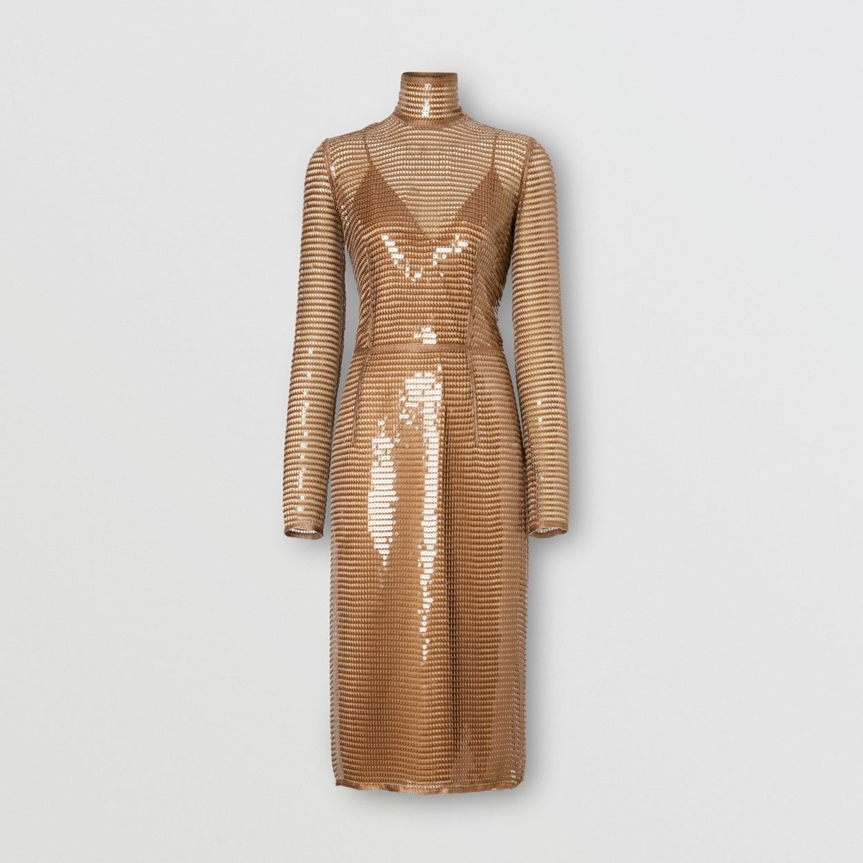 Sequinned Mesh and Silk Turtleneck Dress - 1