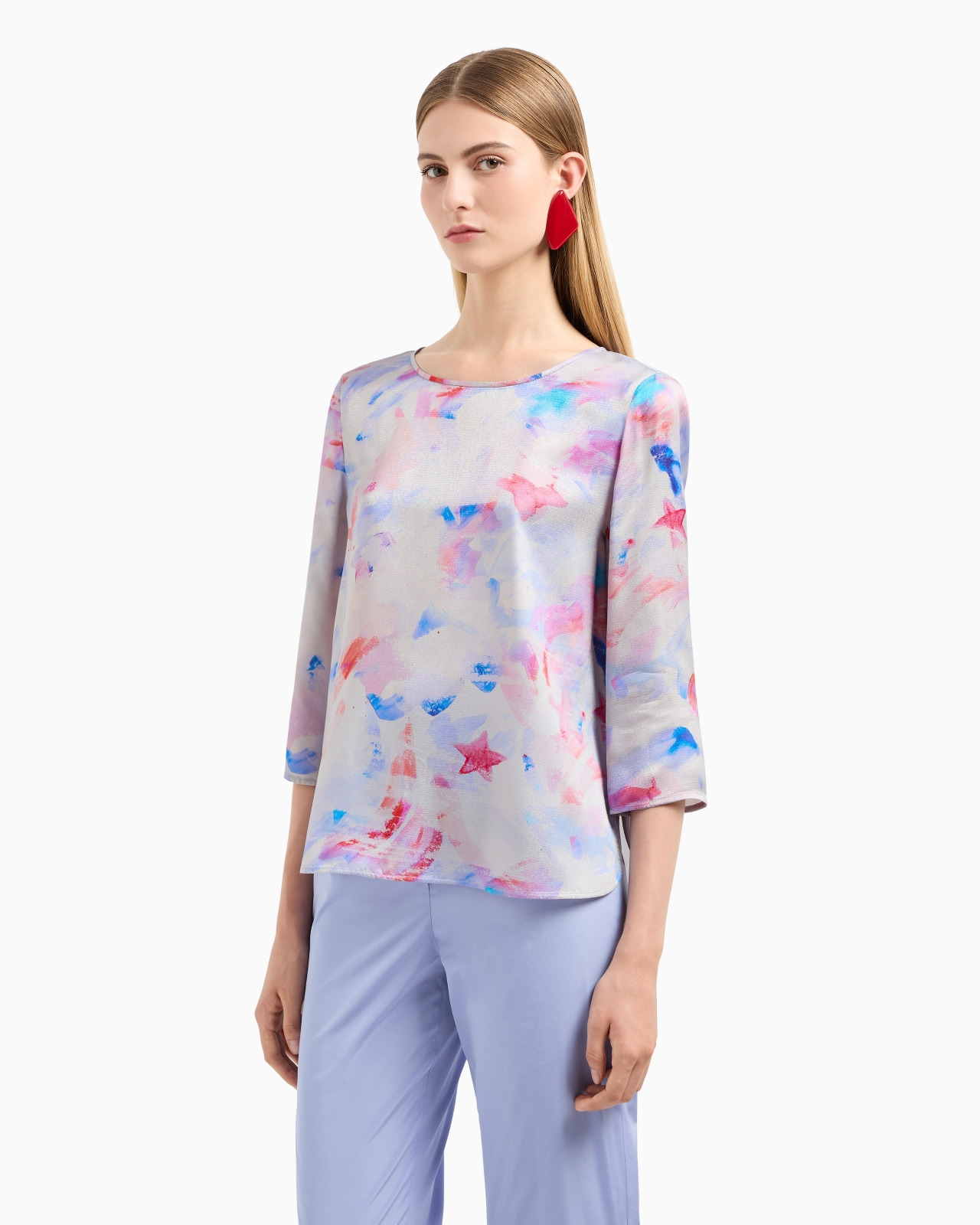 Blouse with three-quarter sleeves in satin crêpe with a watercolour-effect fancy print - 2