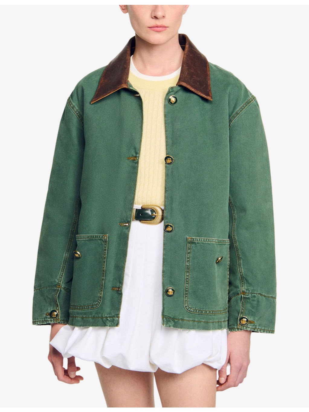 Contrast-Collar Button-Down Cotton Jacket - 3