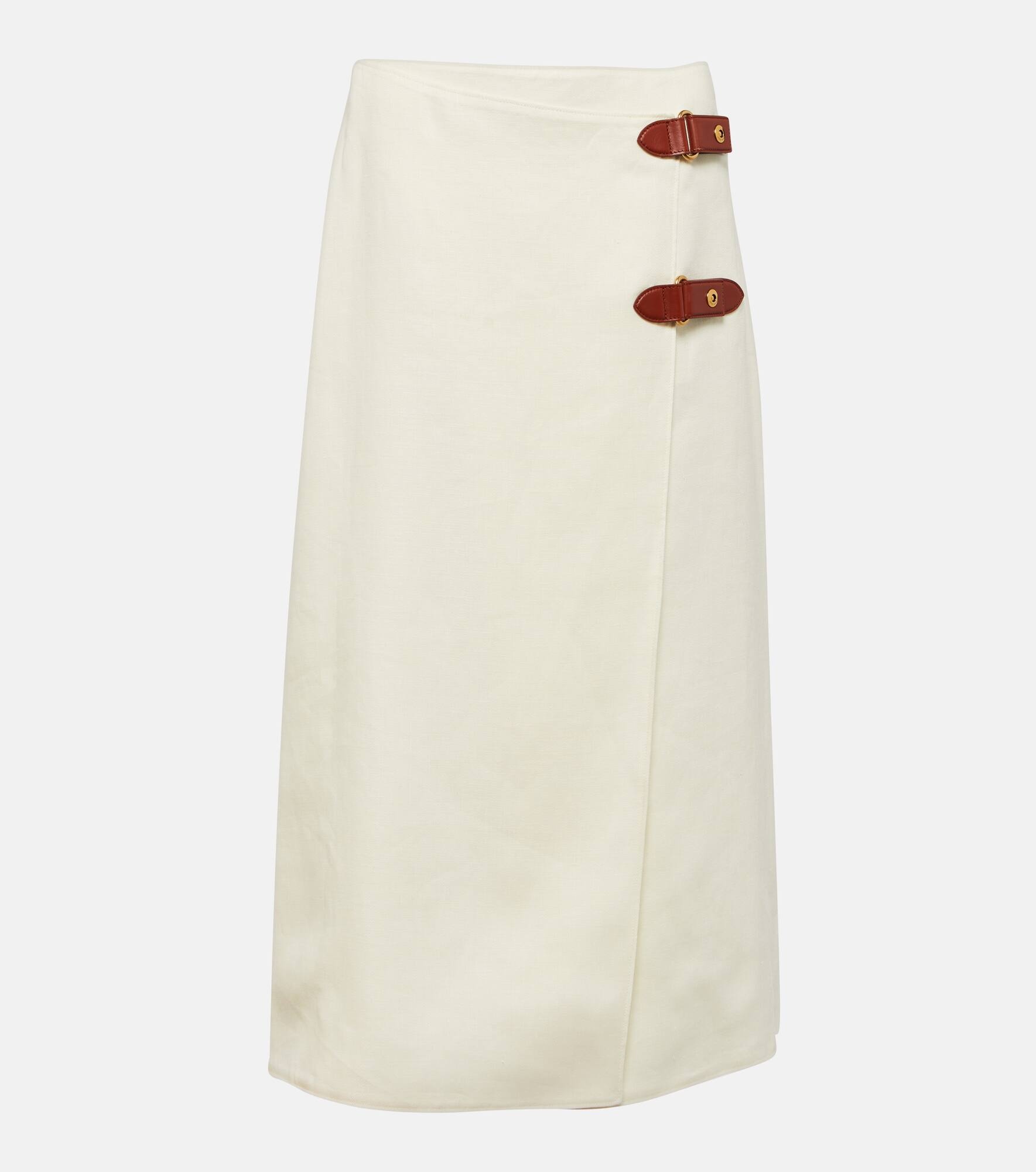 Leather-trimmed linen-blend midi skirt - 1