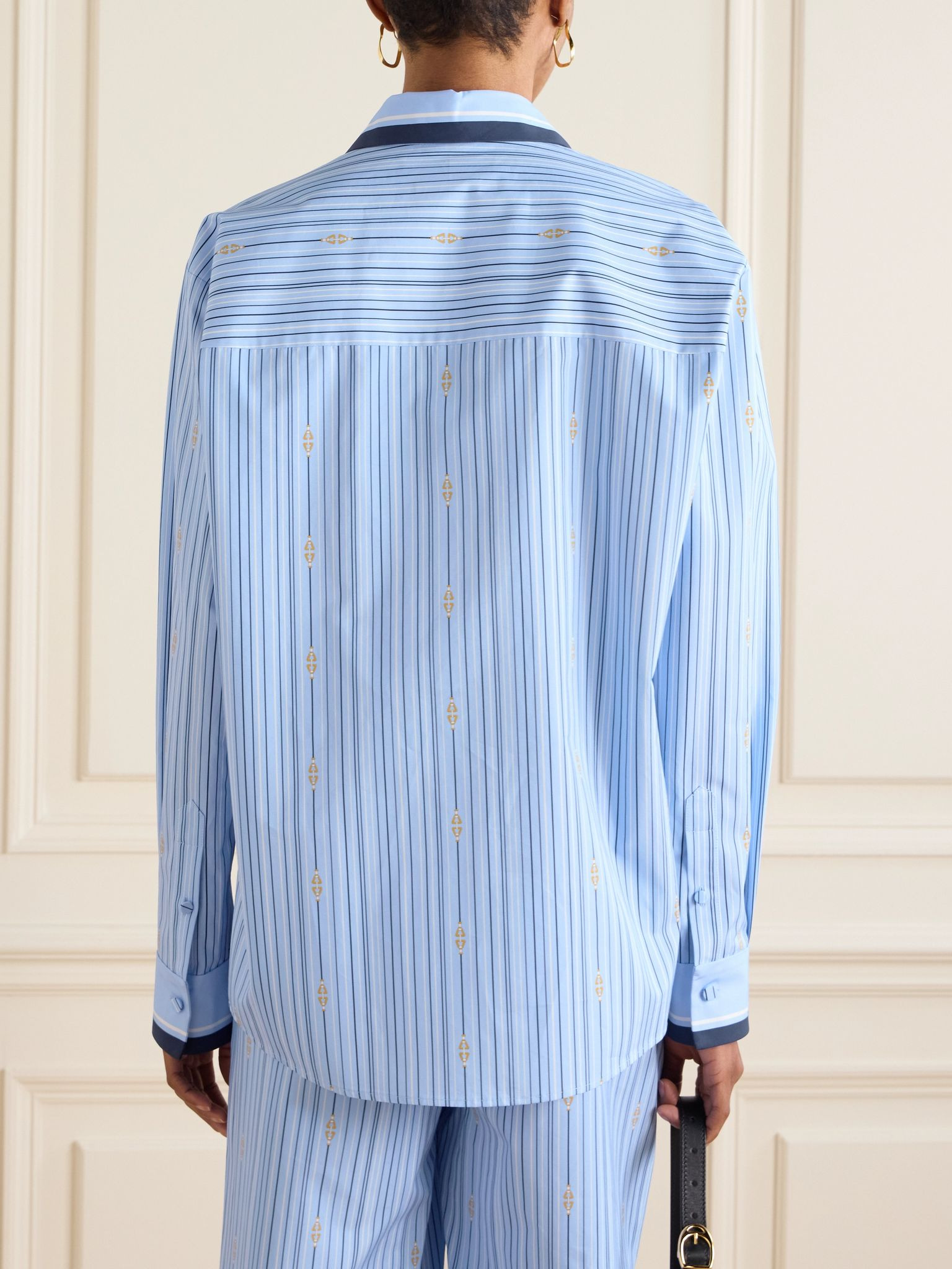 Tie-neck printed cotton-poplin shirt Azure - 4